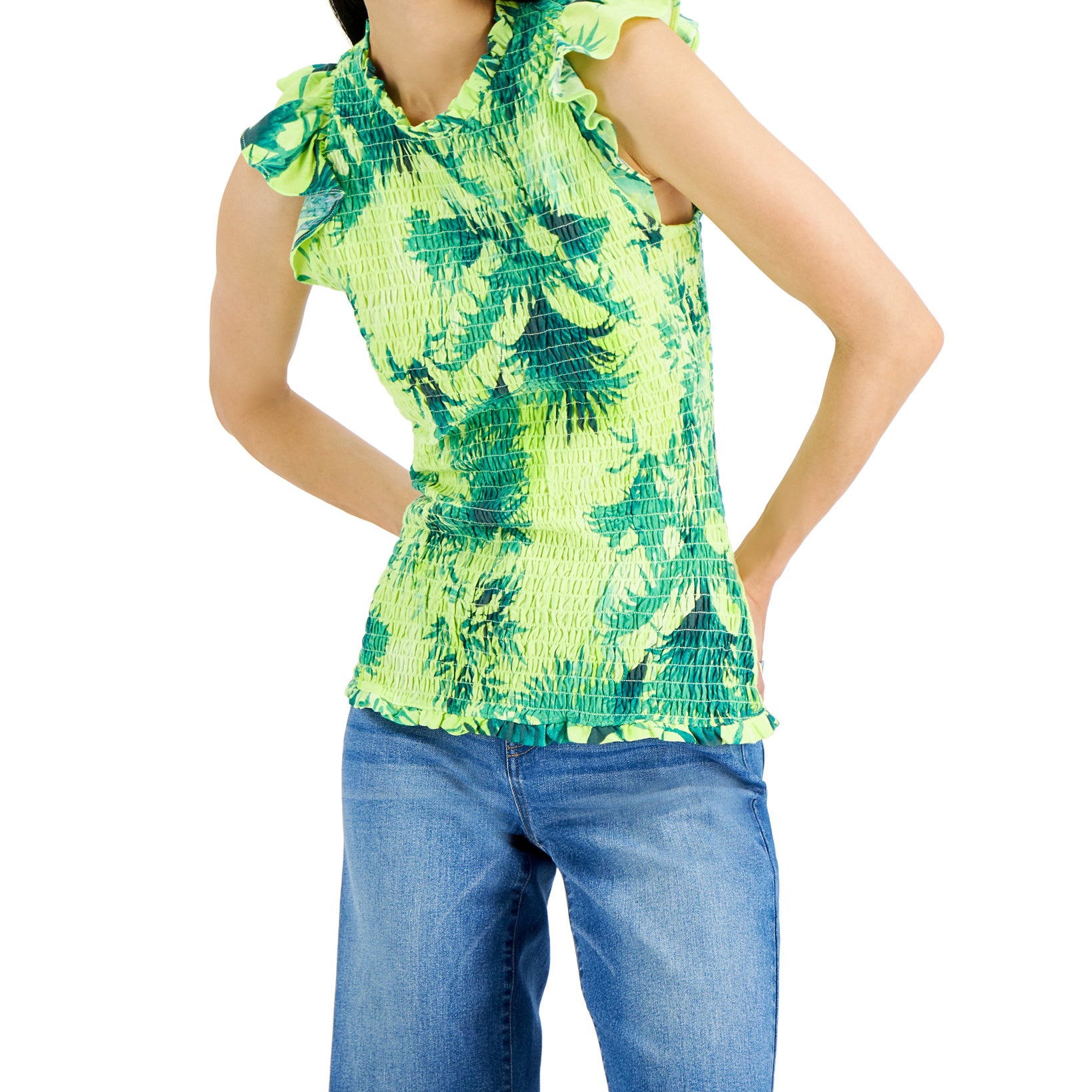 INC International Concepts Women Tropical Print Smocked Tank Top Rio Palms