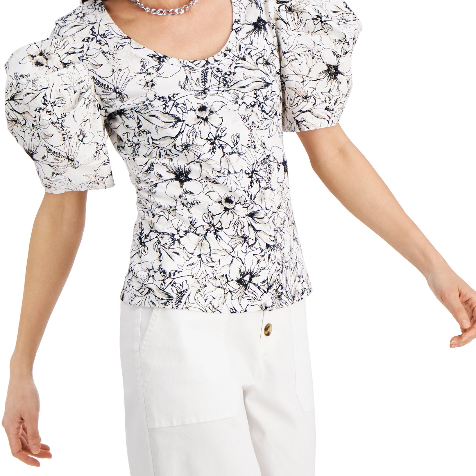 INC International Concepts Women Floral Print Puff Sleeve Top Chroma Garden