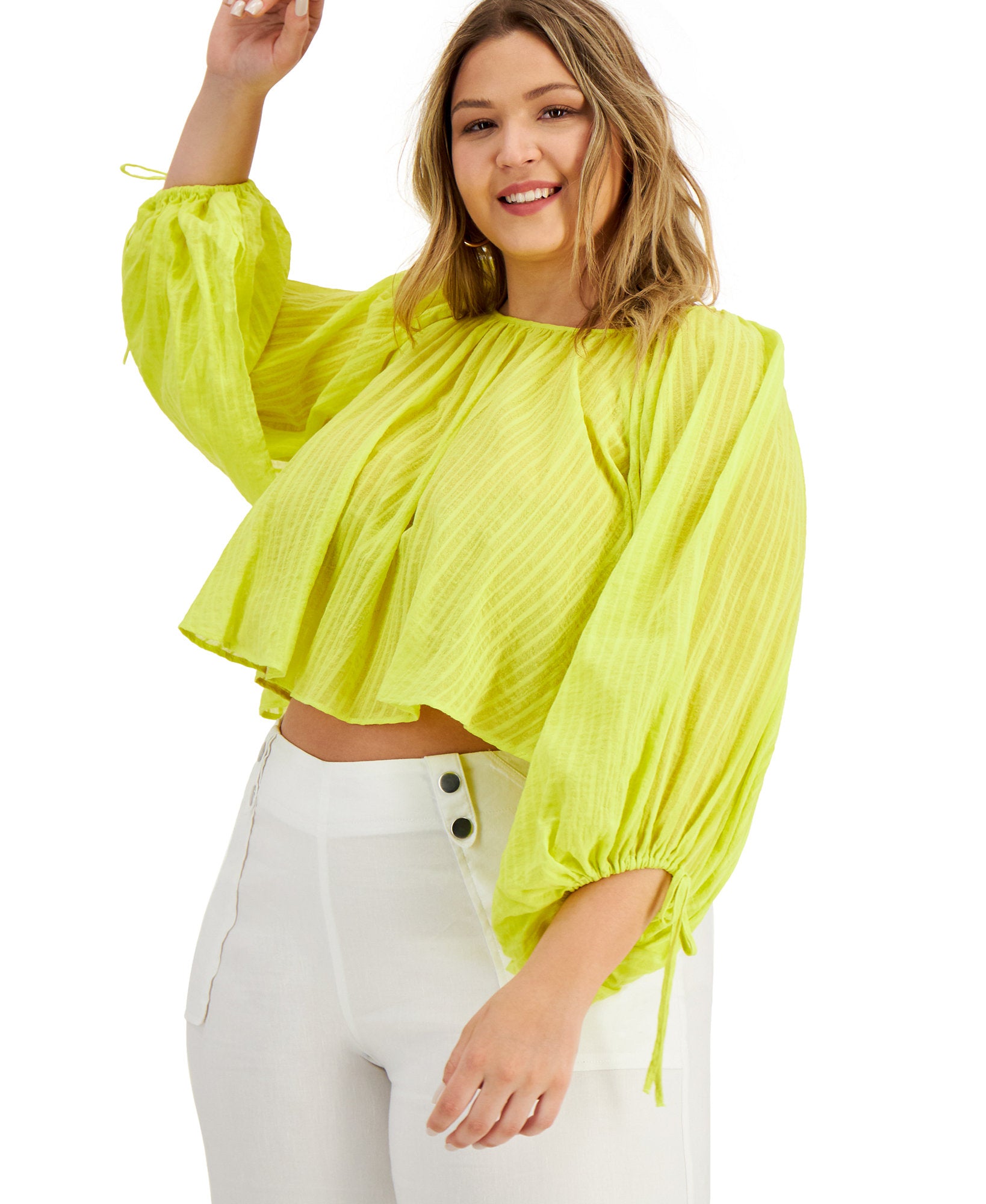 INC International Concepts Women Plus Cotton Cropped Peasant Top Lime Shock