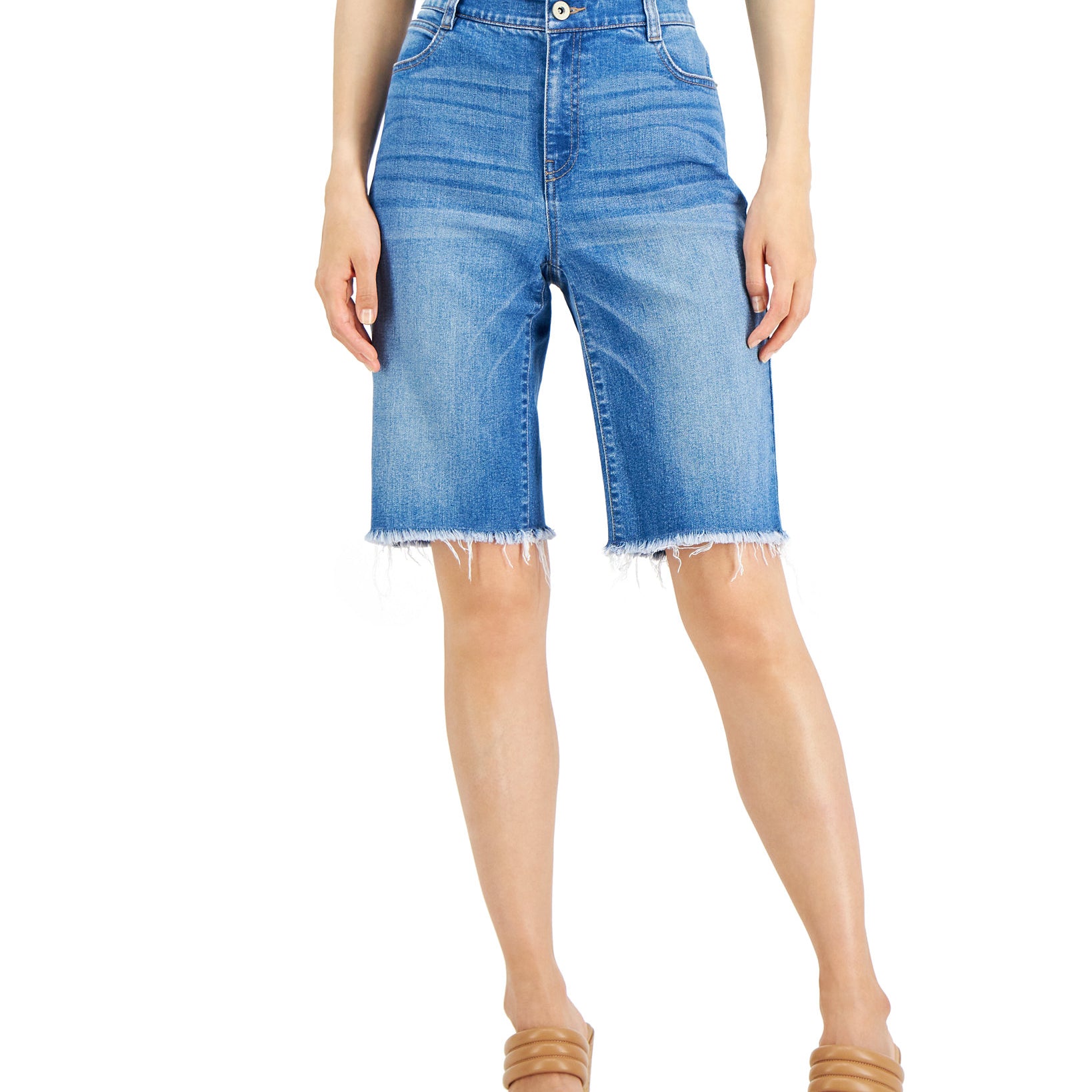 INC International Concepts Women Frayed Denim Bermuda Shorts Light Indigo