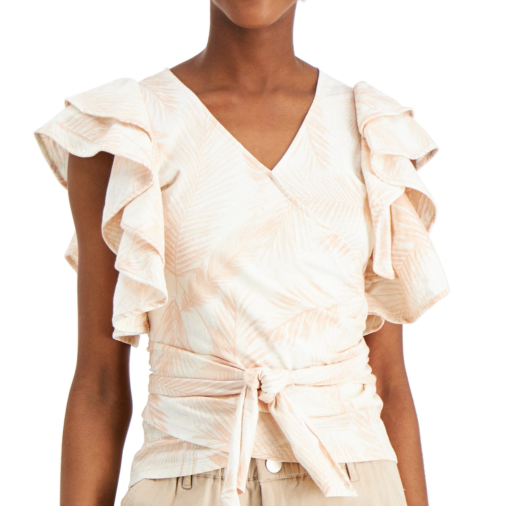 INC International Concepts Women Wrap Style Flutter Sleeve Cotton Top