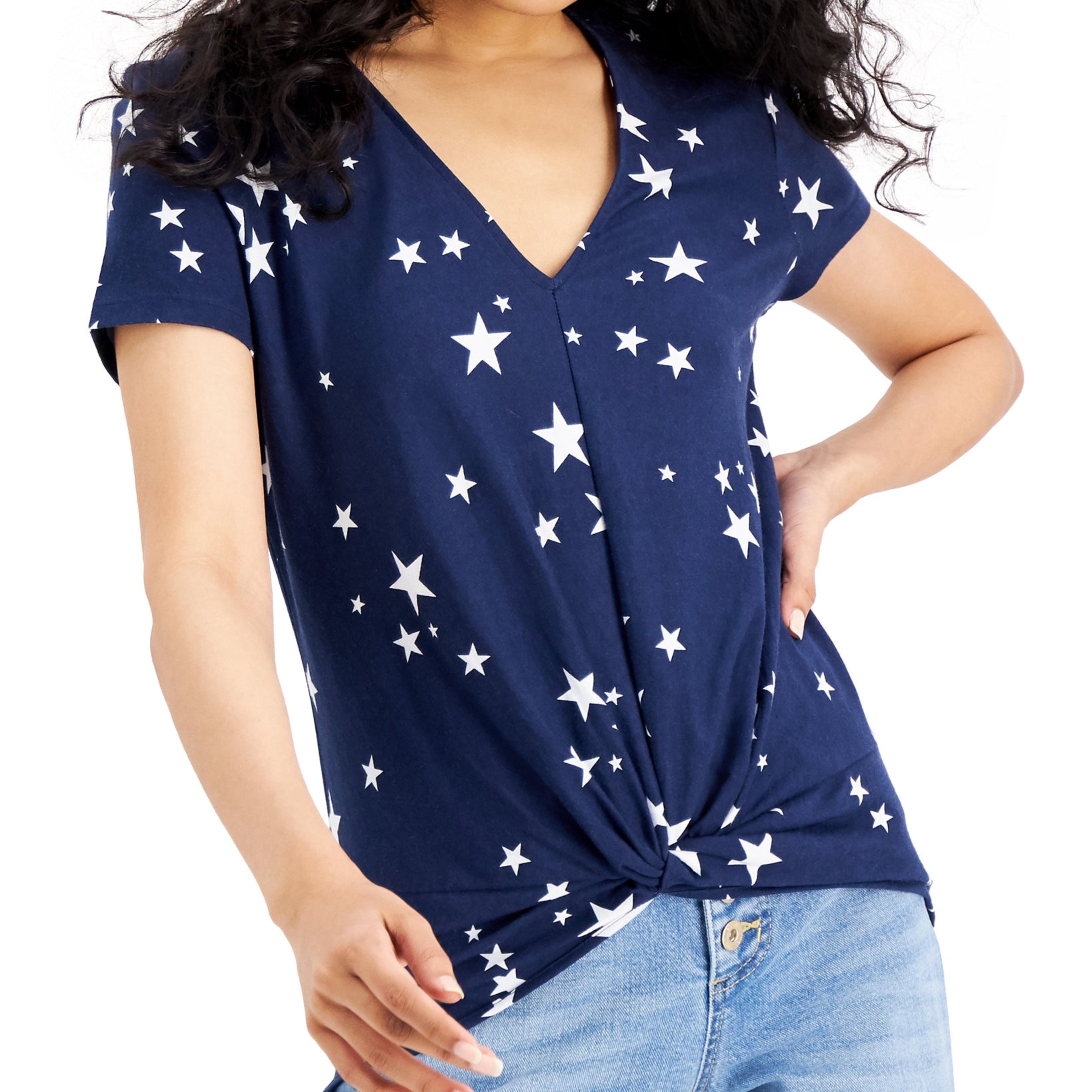INC International Concepts Women Cotton Star Print Twist Front T Shirt Steph Stars