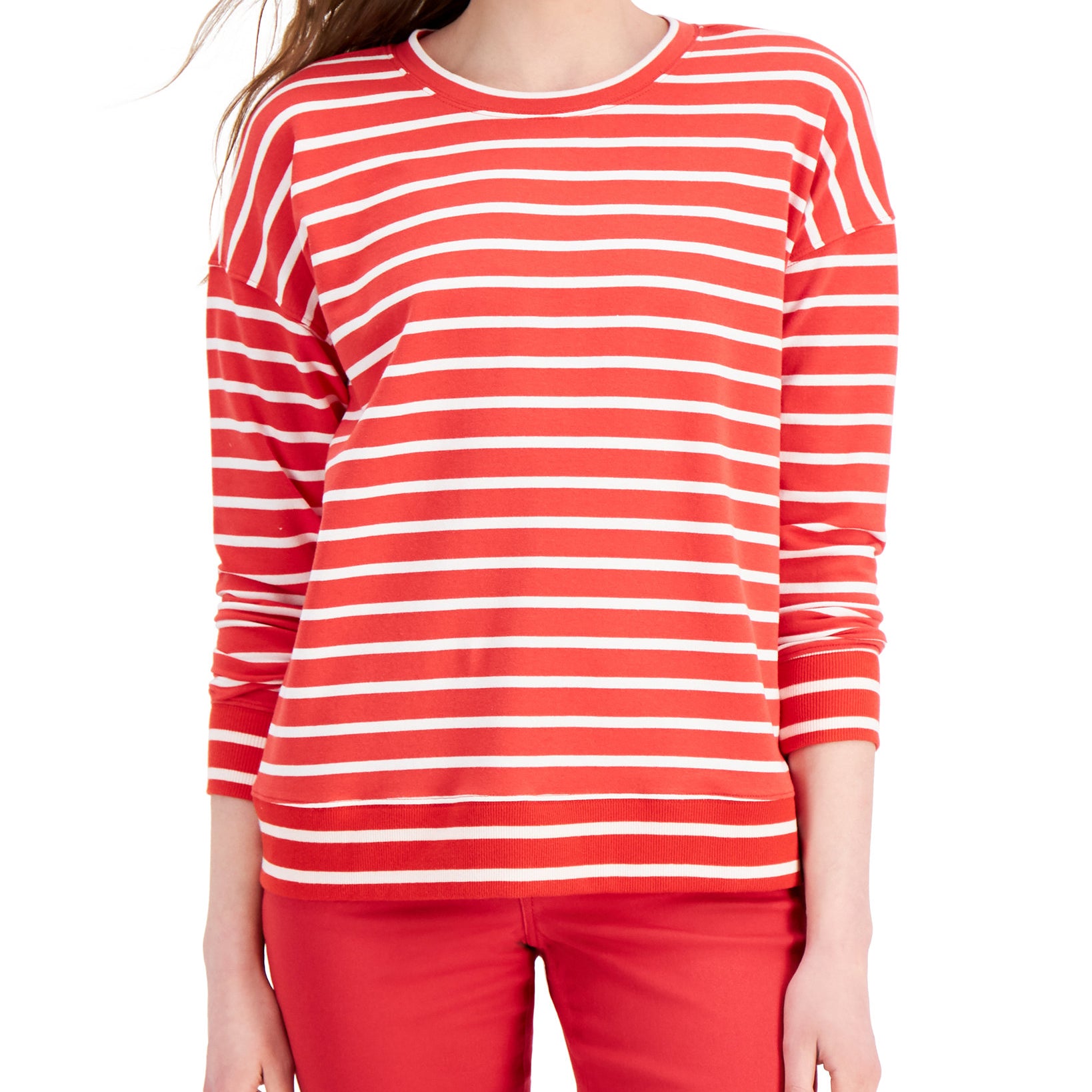 Style & Co Women Striped Classic Crew Sweatshirt Red Stripe