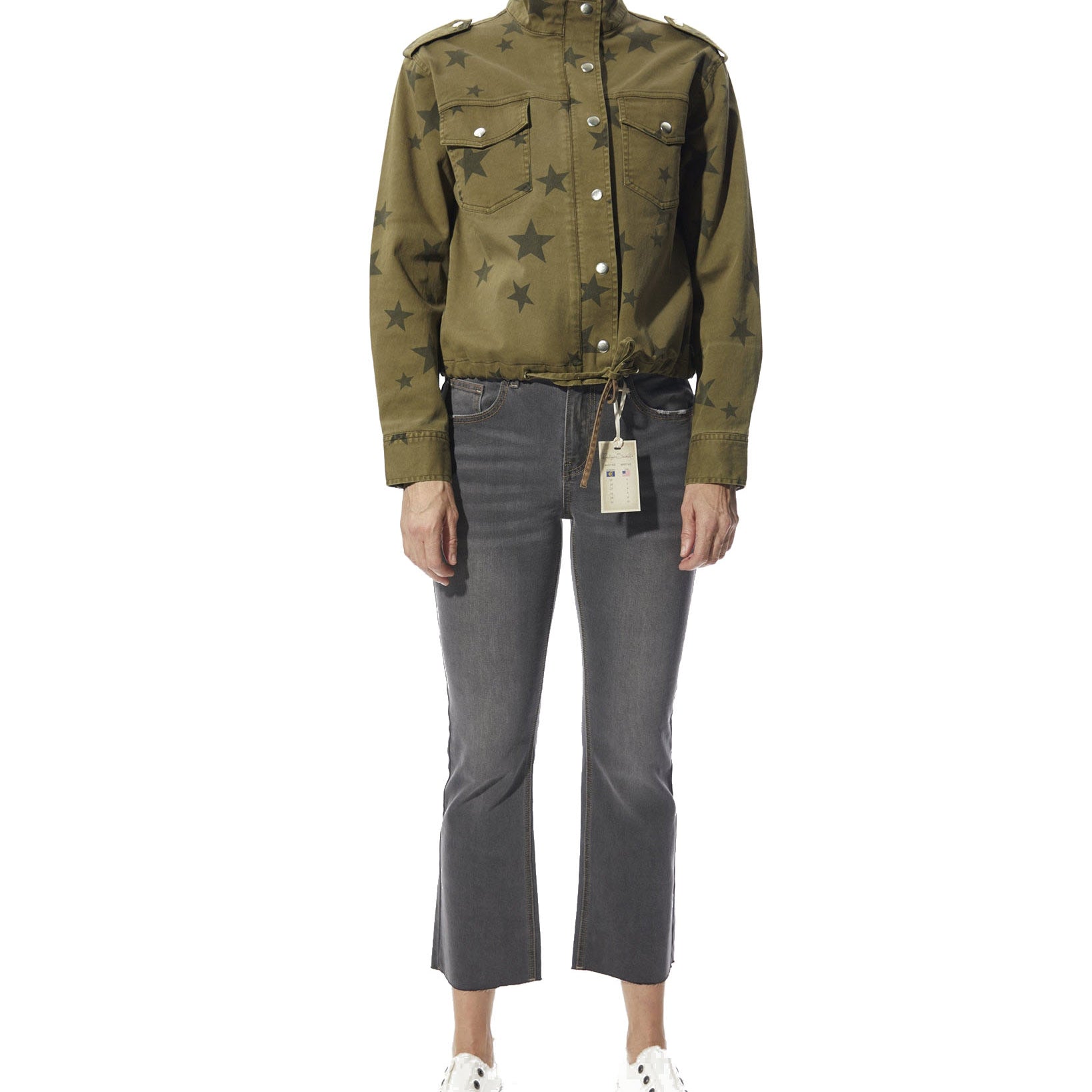 Indigo Saints Women Garment Dye Stars Print Jacket Olive