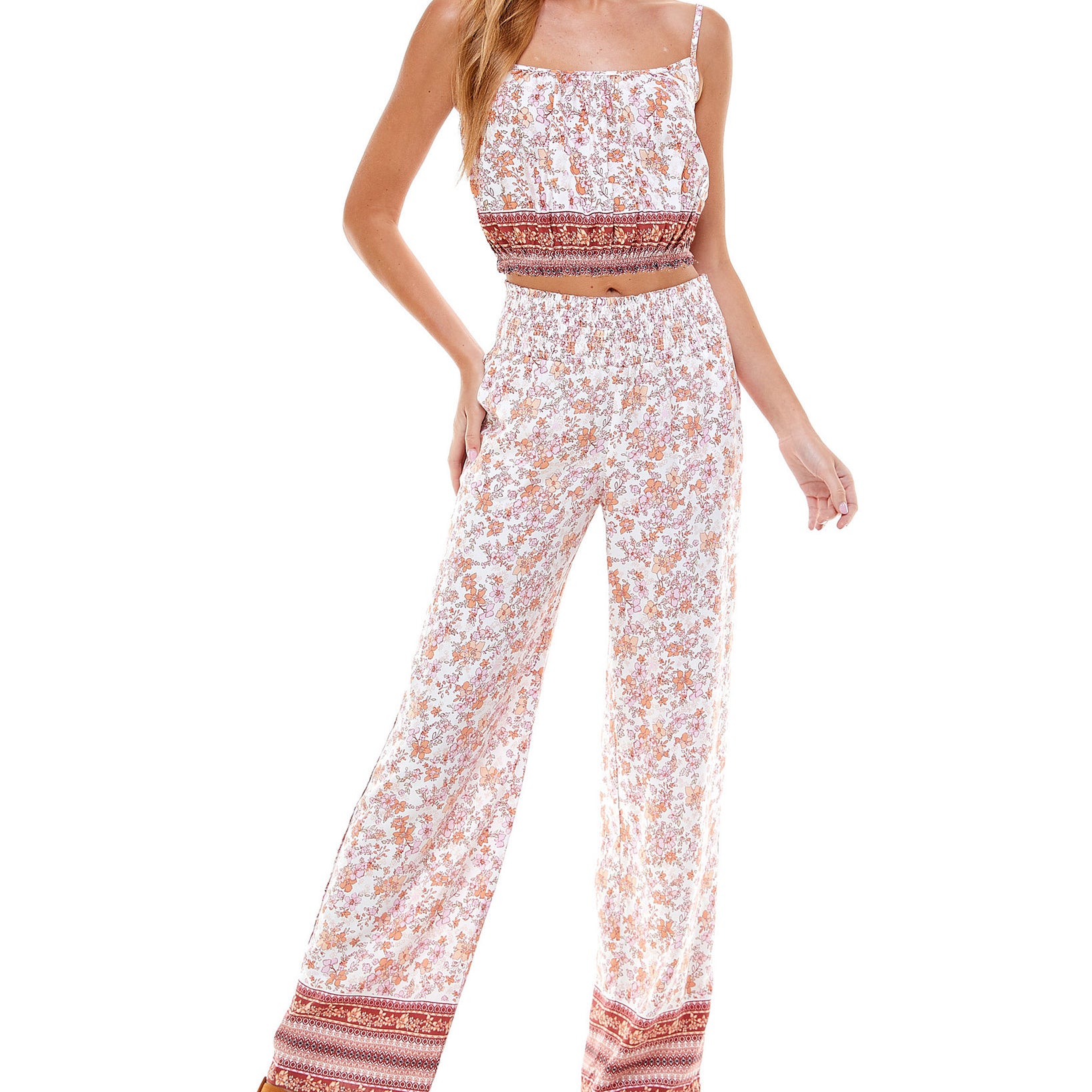 Kingston Grey Women Floral Smocked Tank Top Ivory Rust
