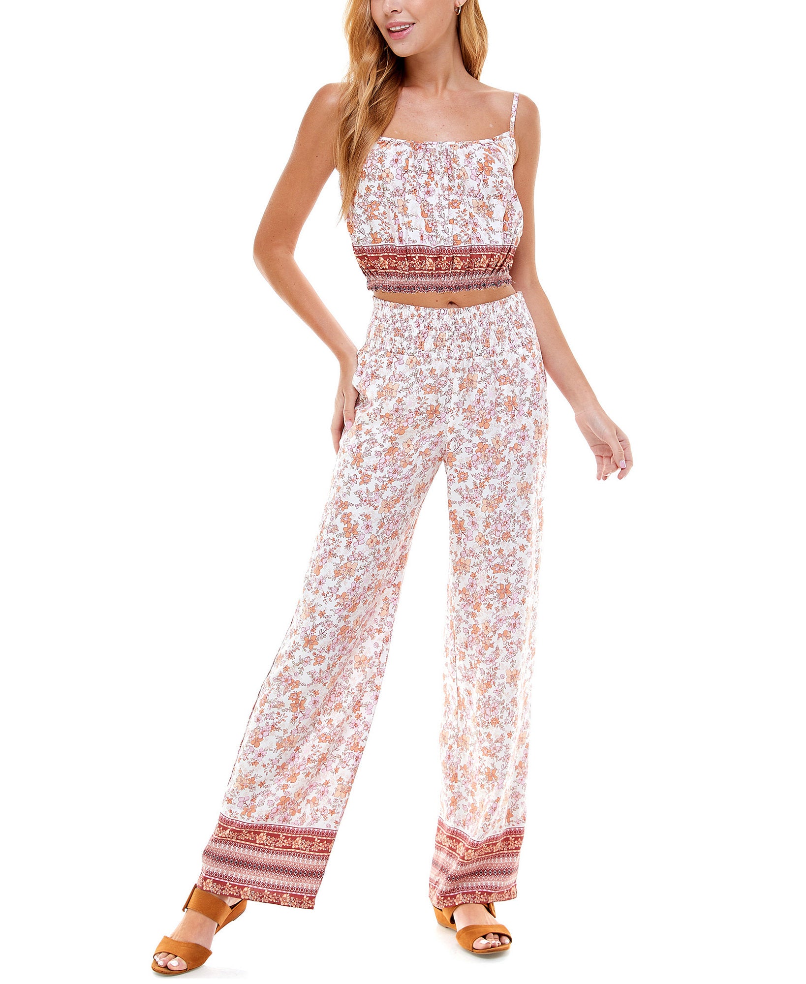 Kingston Grey Women Floral Smocked Tank Top Ivory Rust