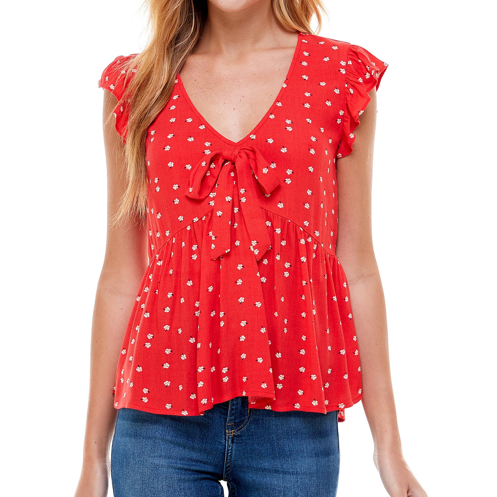 Kingston Grey Women Tie Front Babydoll Top Red Yellow