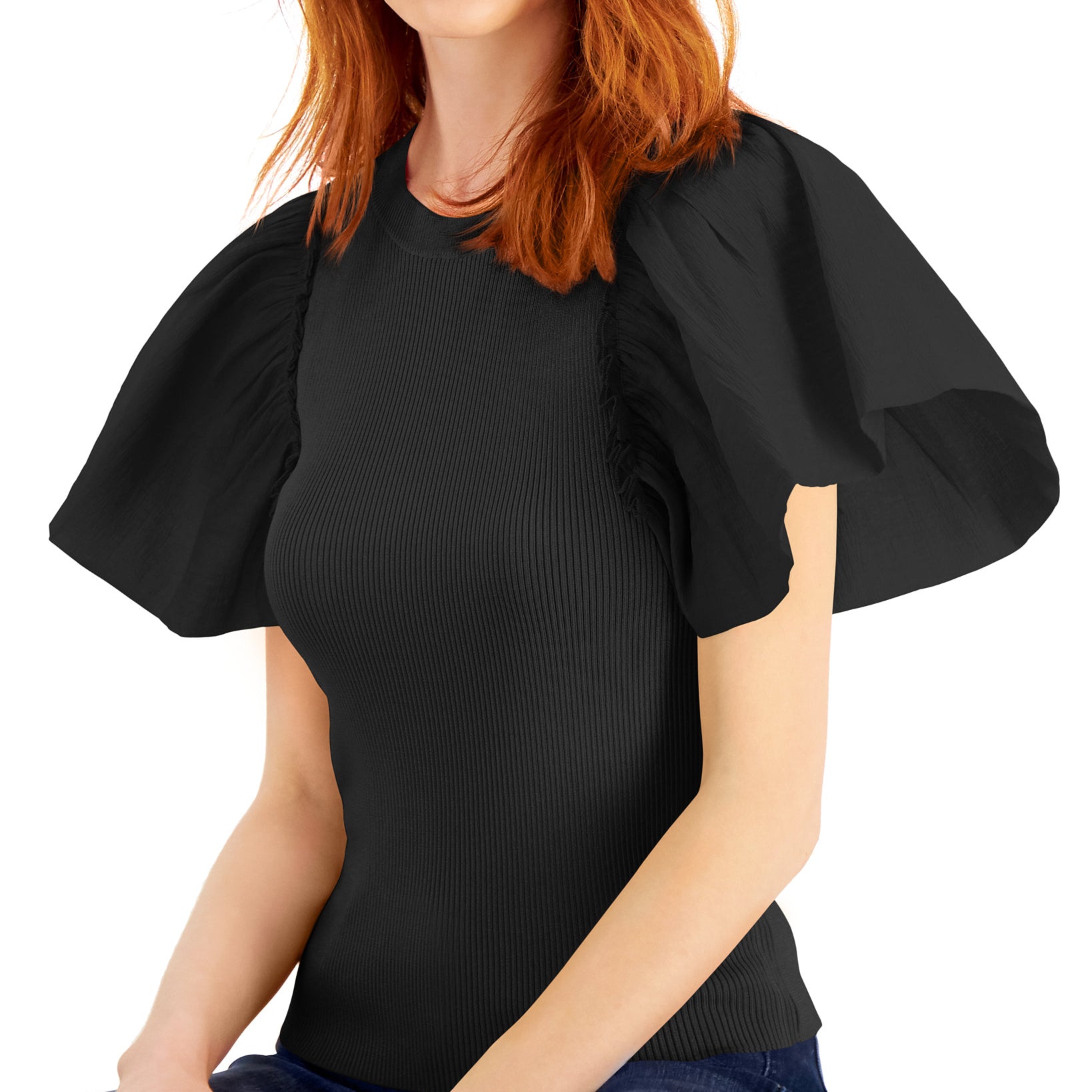 INC International Concepts Women Woven Sleeve Top Deep Black