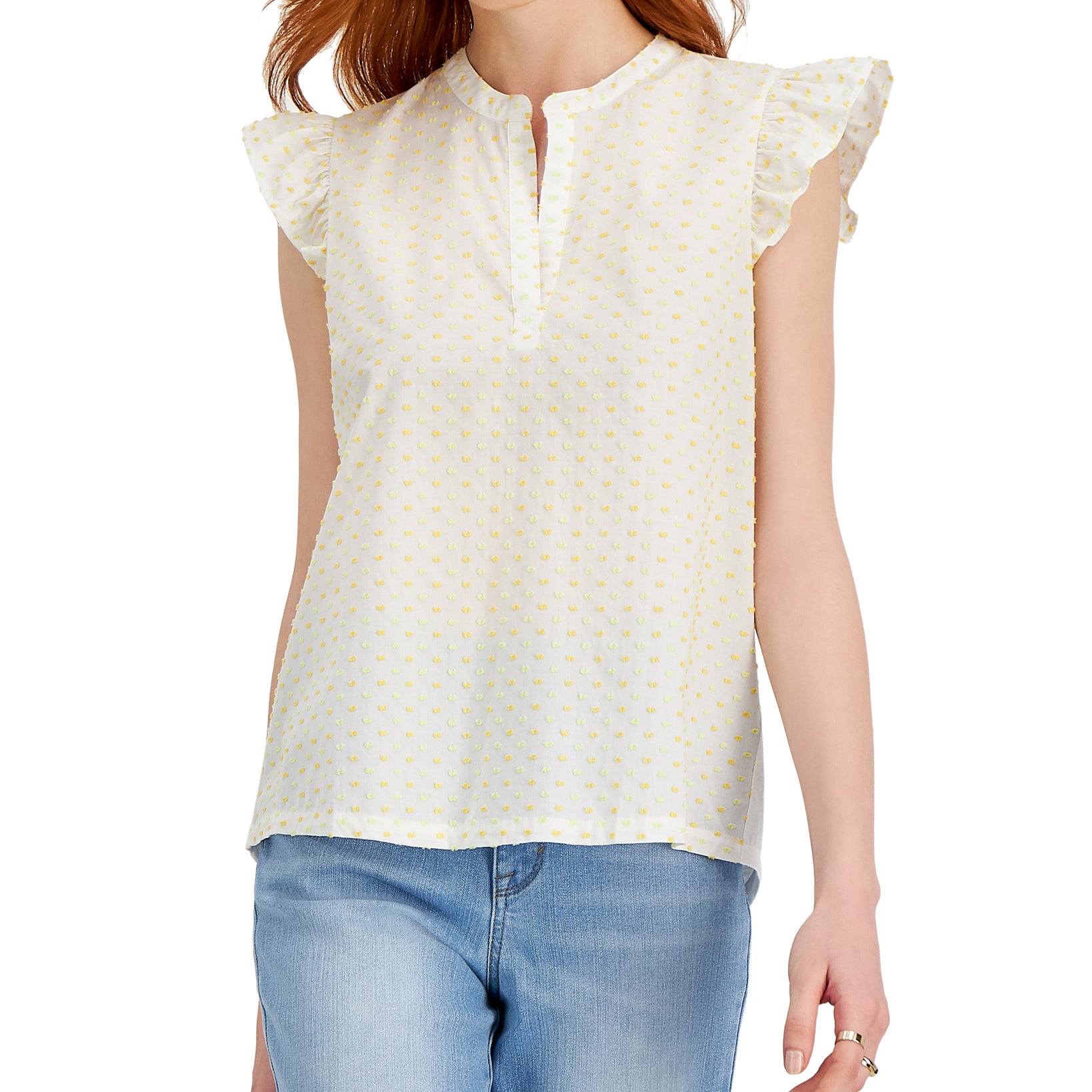 Style & Co Women Cotton Clip Dot Ruffled Sleeve Top Bright White