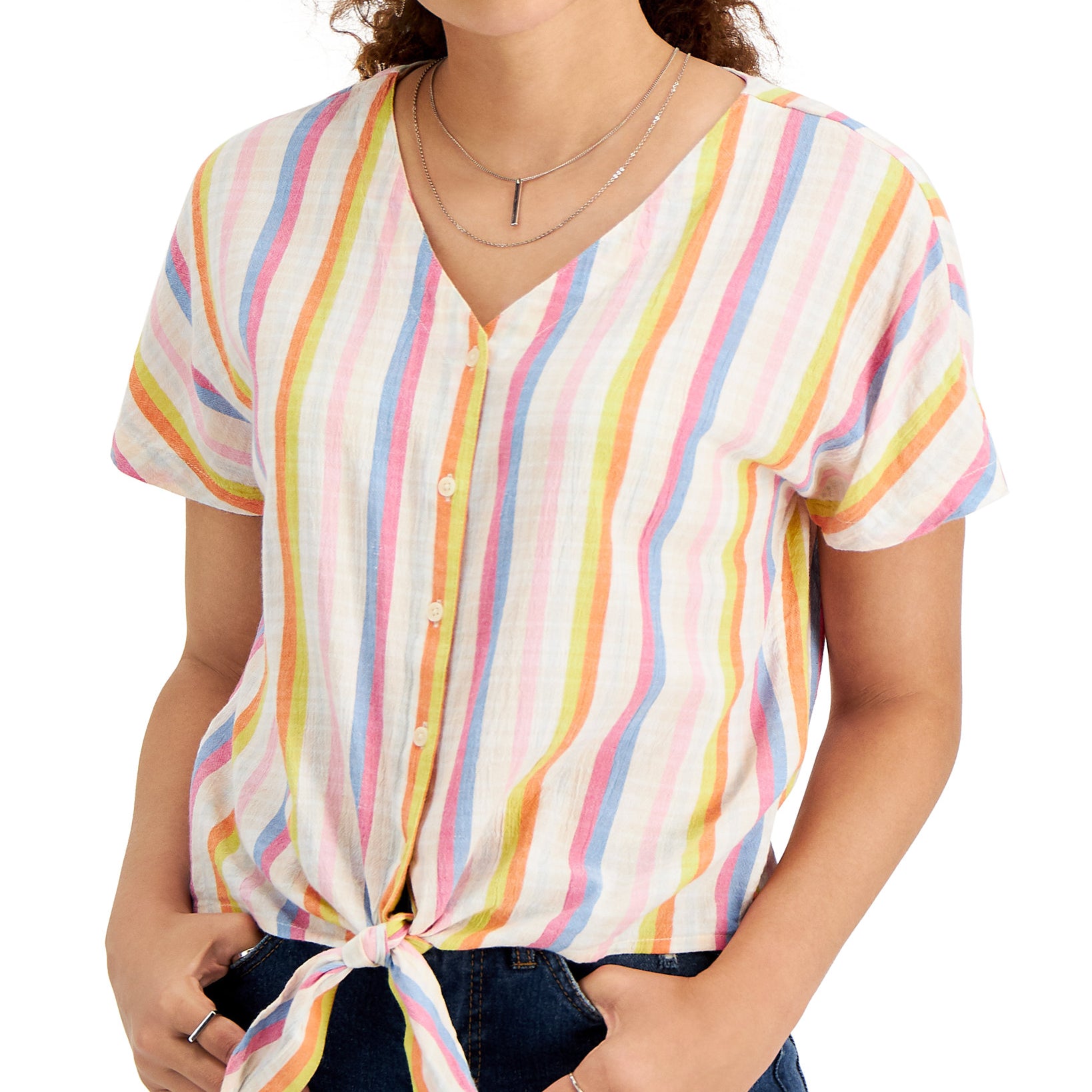 Style & Co Women Petite Cotton Printed Tie Hem Top