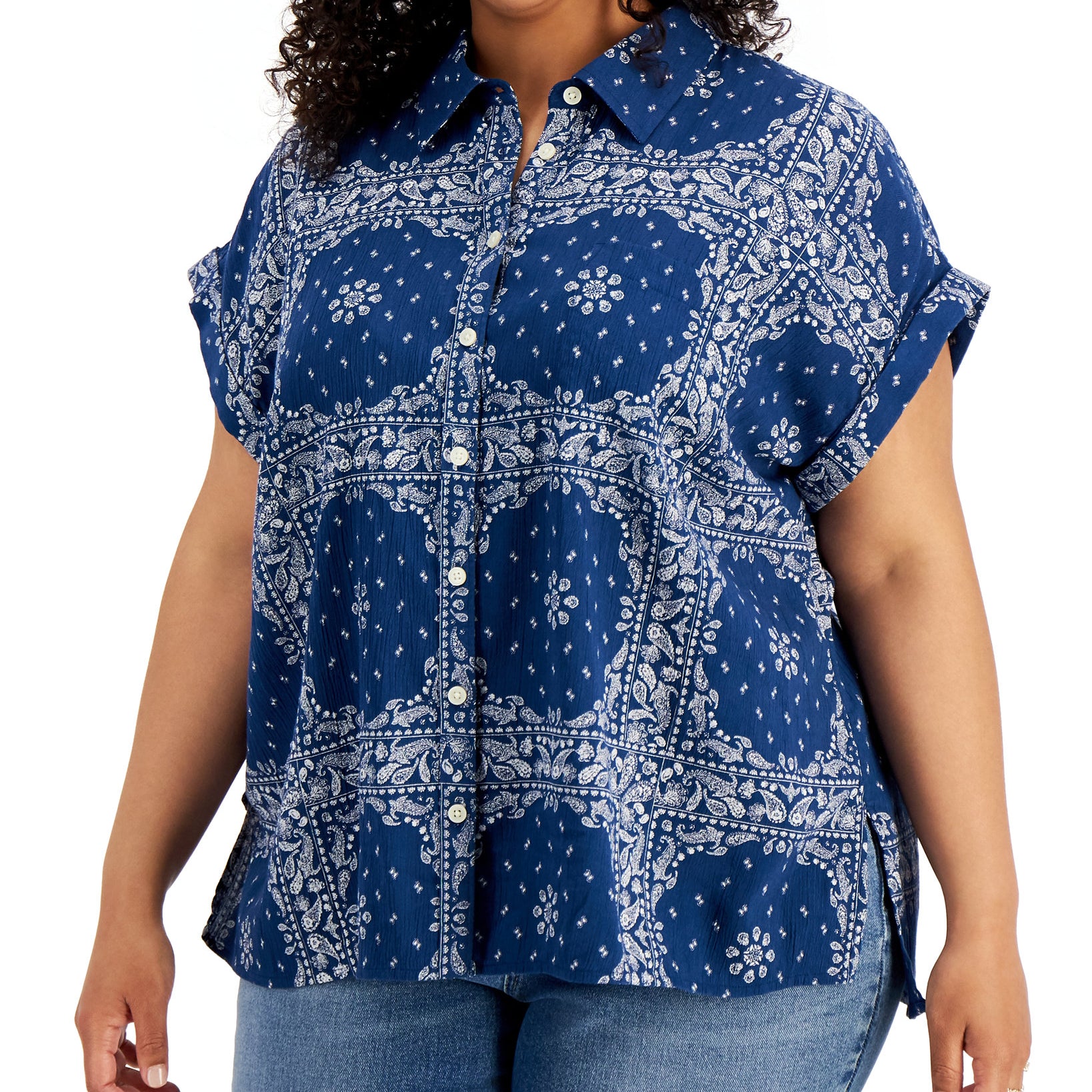 Style & Co Women Plus Cotton Printed Camp Shirt, Created for Macys Navy Peony