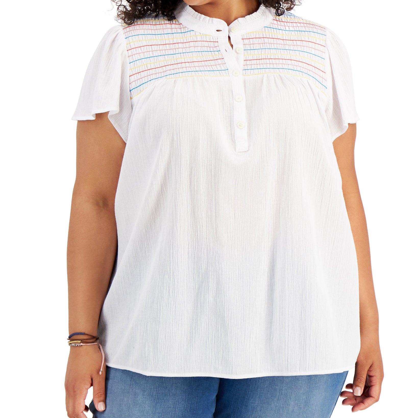 Style & Co Women Plus Cotton Smocked Top Bright White