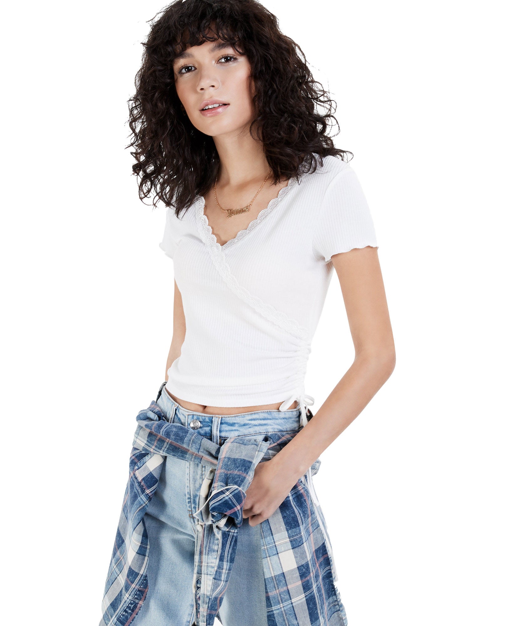 Crave Fame Women Ribbed Lace Trim Top Ivory