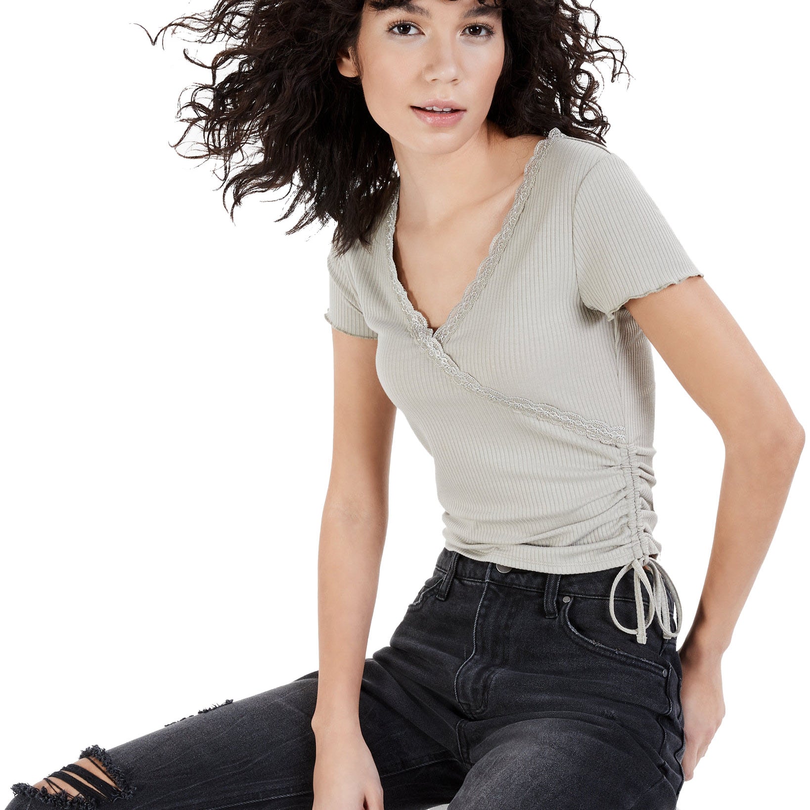Crave Fame Women Ribbed Lace Trim Top Sage