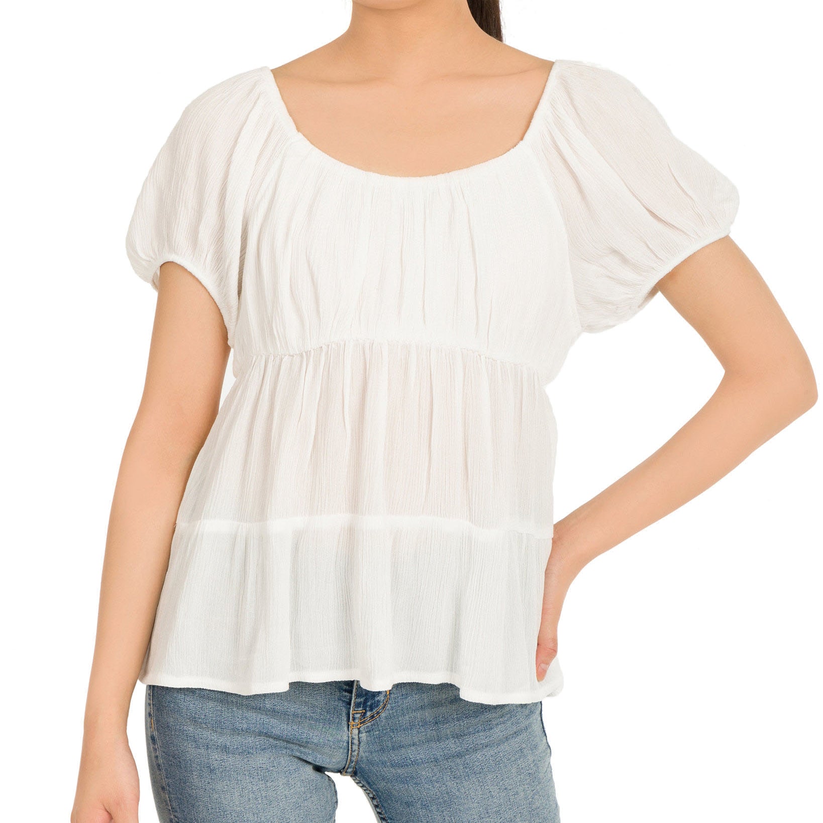 Hippie Rose Women Puff Sleeve Tiered Top Ivory