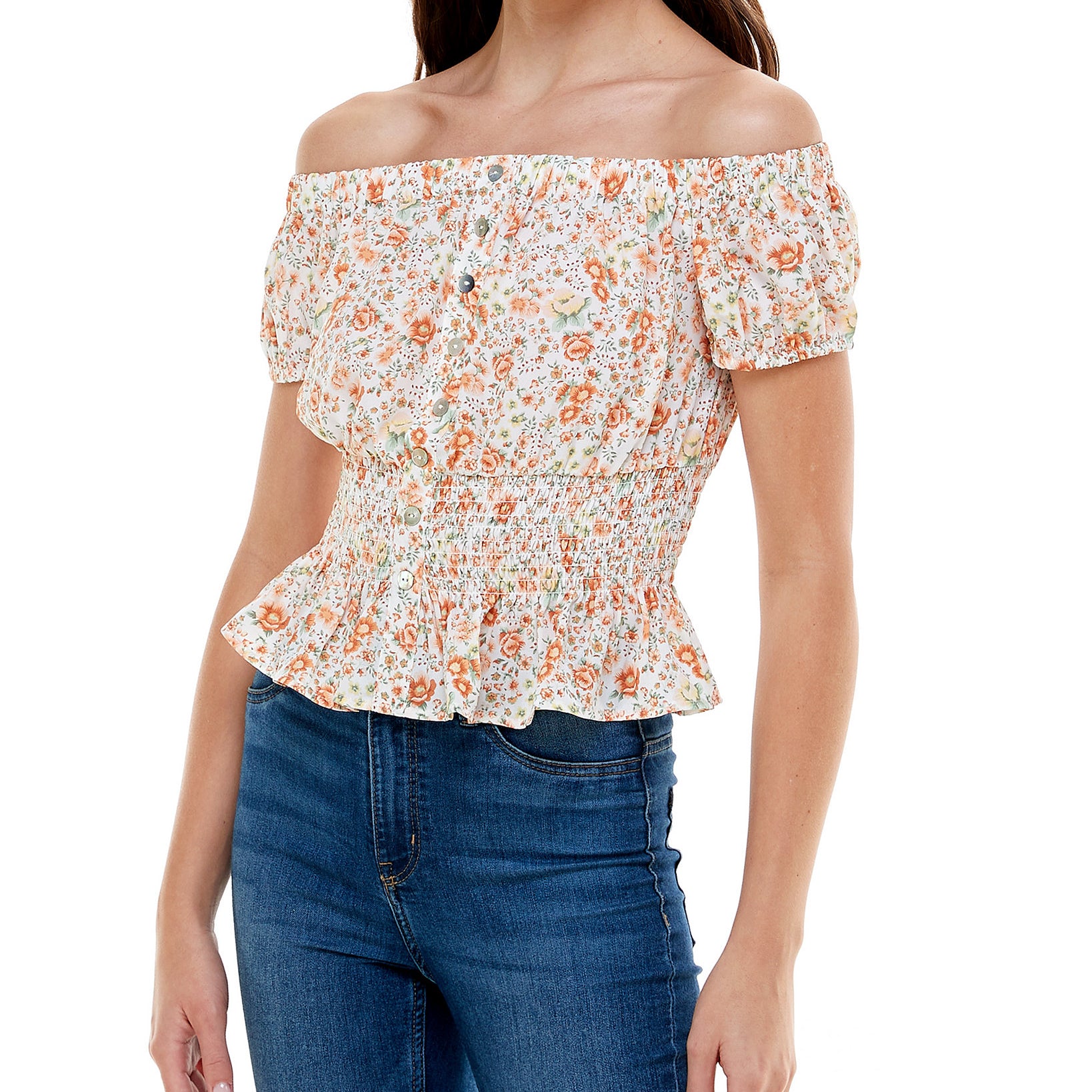 Ultra Flirt Women Printed Off The Shoulder Peplum Blouse