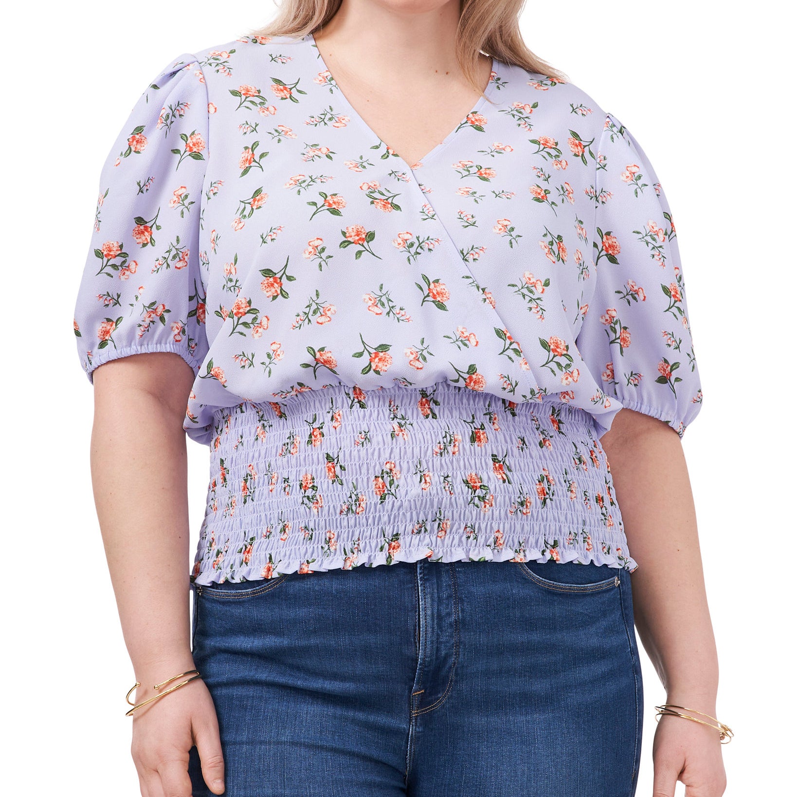 1.STATE Women Plus Smocked Waist Printed Top Floral Twilight Sky