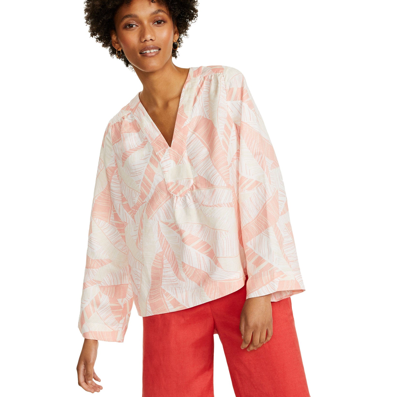 Alfani Women Printed V Neck Wide Sleeve Top Clean Palm