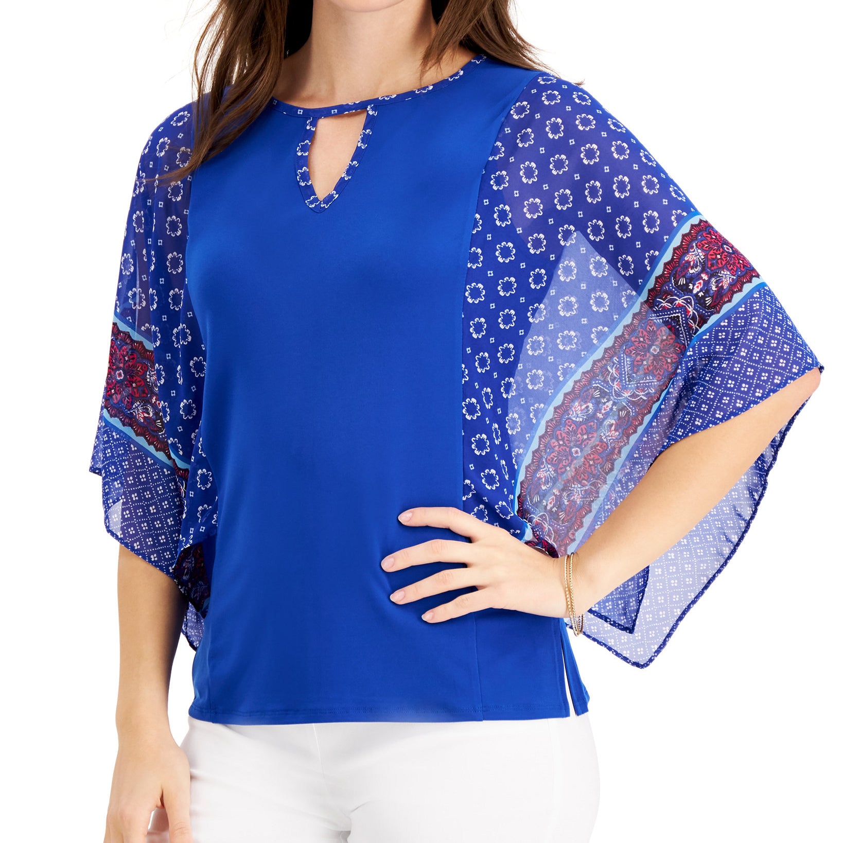 JM Collection Women Petite Mixed Print Top Intrepid Blue Combo