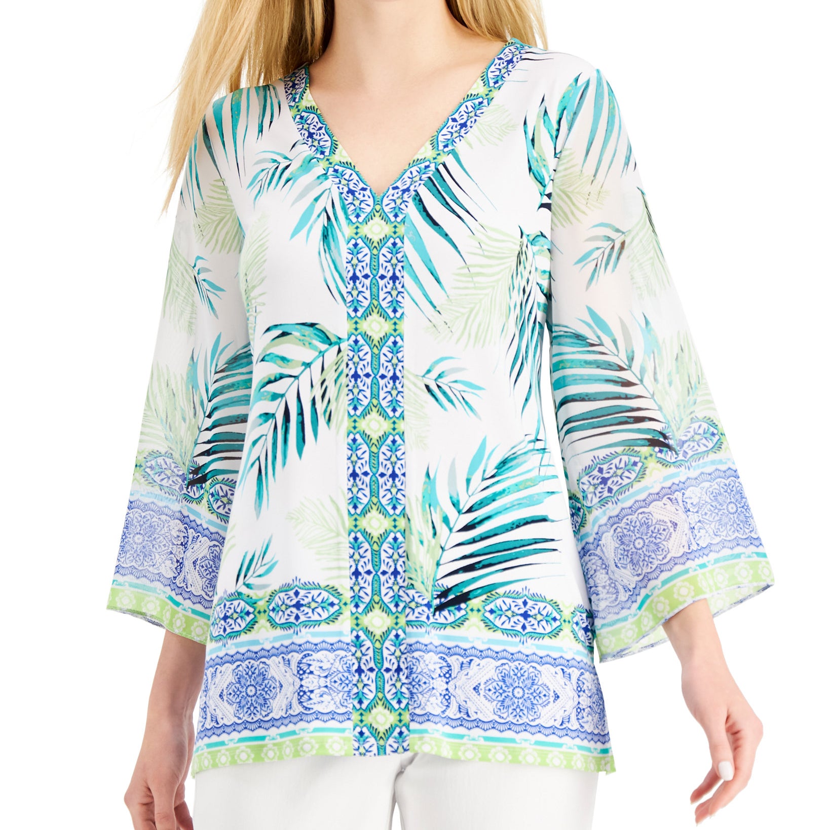 JM Collection Women Printed Chiffon Top Bright White Combo