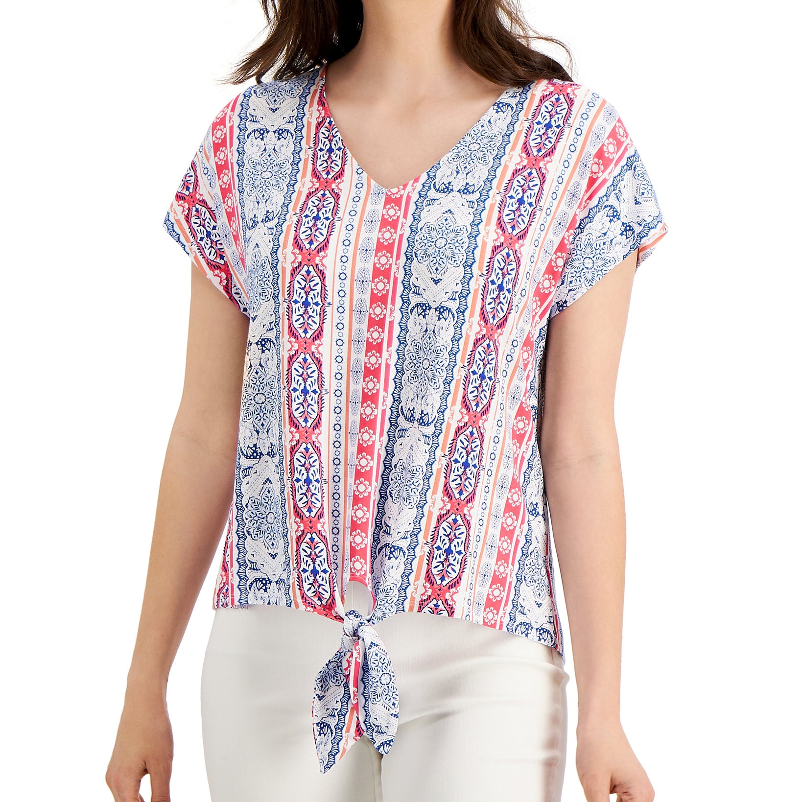 JM Collection Women Printed Tie Hem Top Berry Sorbet Combo