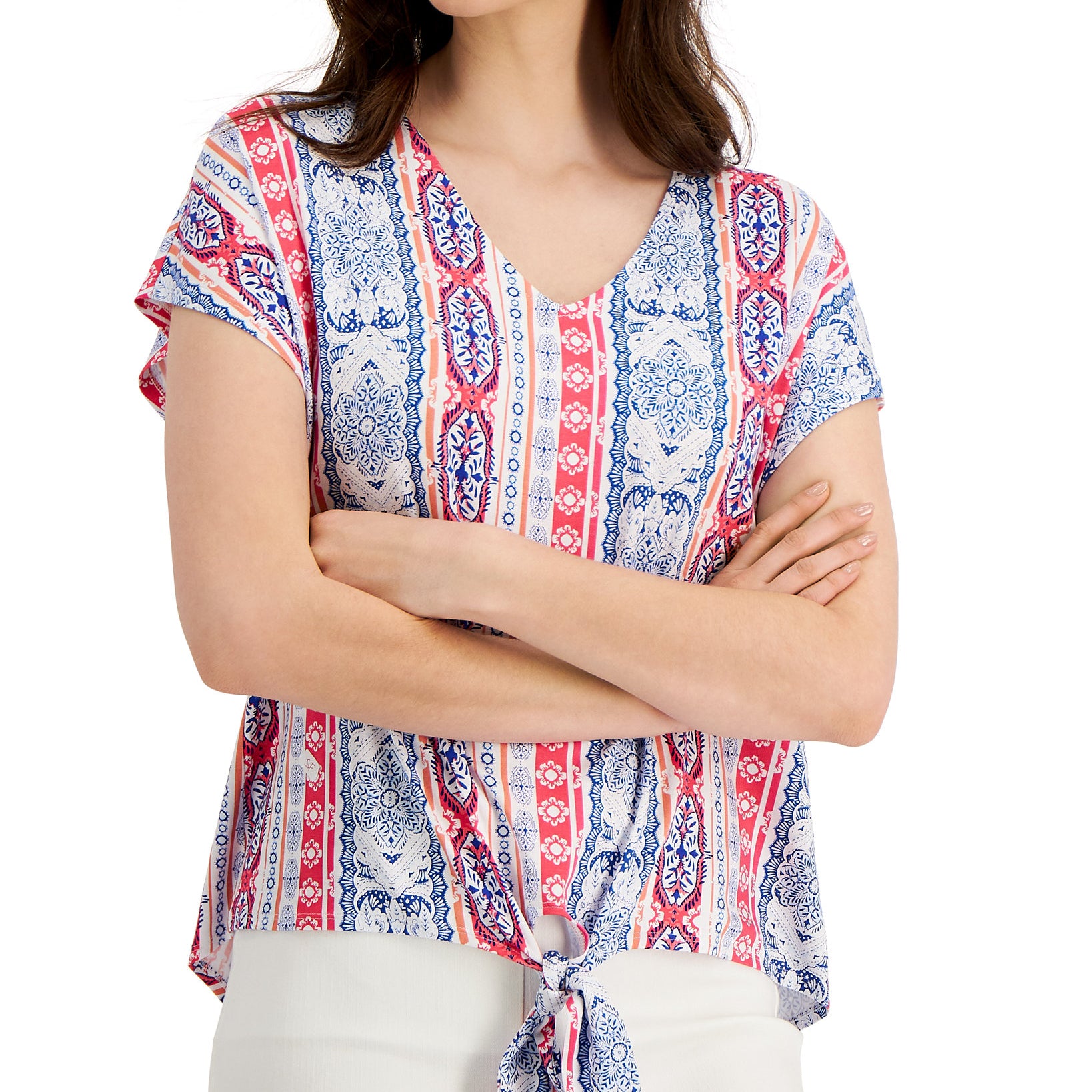 JM Collection Women Printed Tie Hem Top