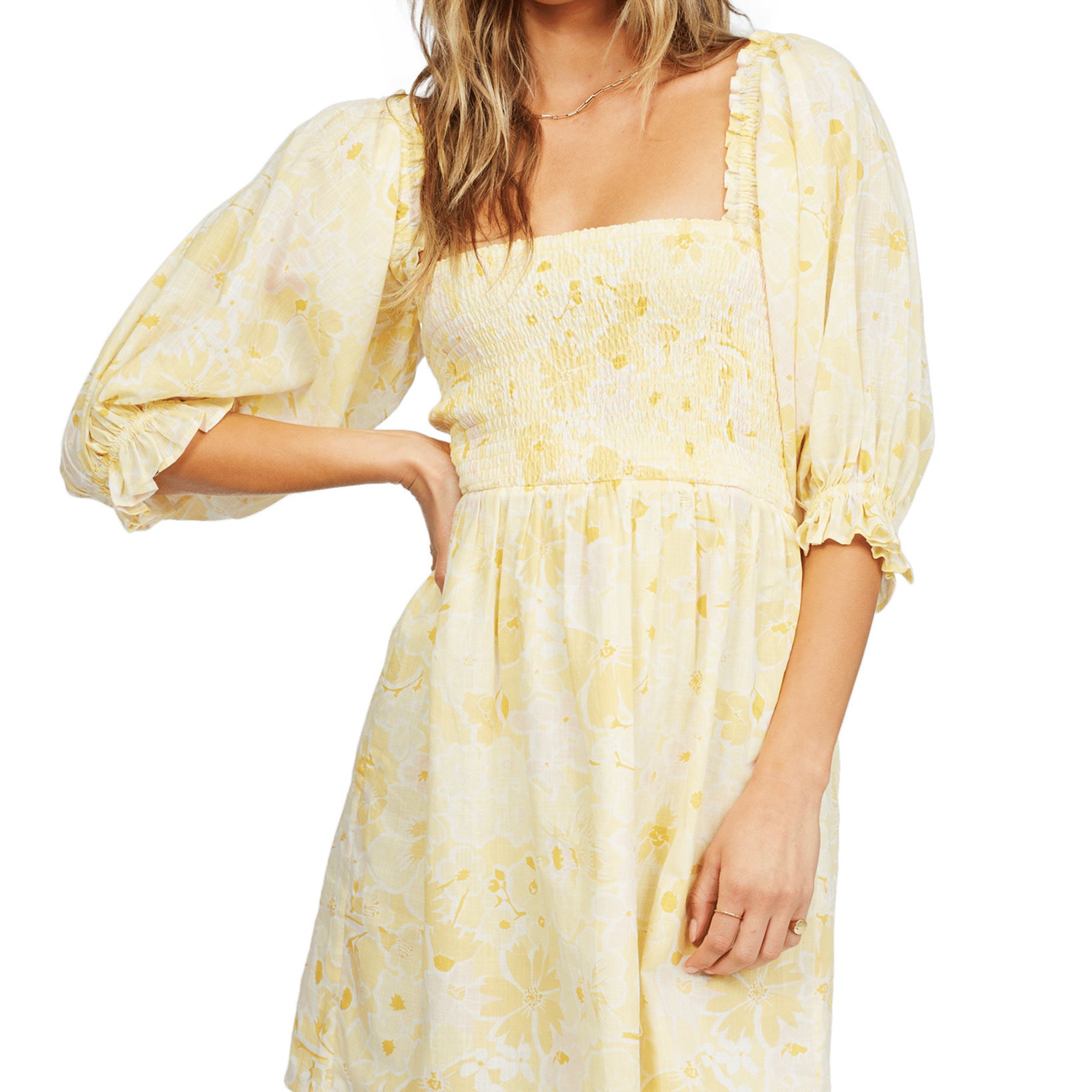 Billabong Women Groovy Girl Cotton Puff Sleeve Dress Yellow