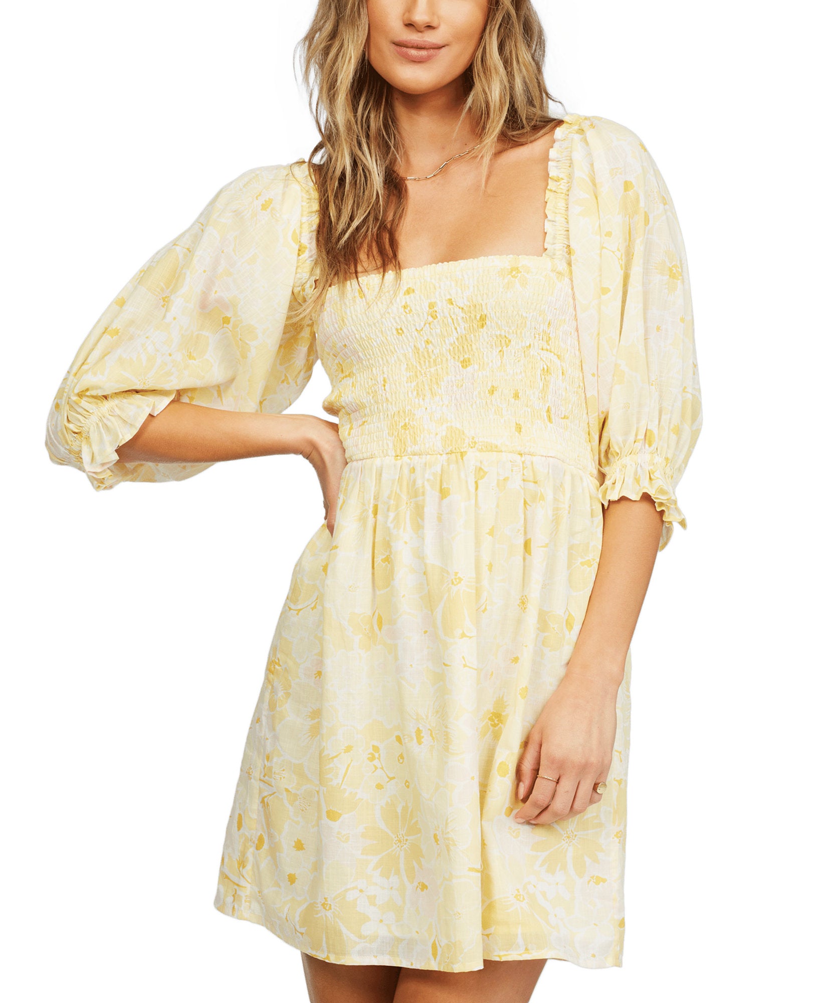 Billabong Women Groovy Girl Cotton Puff Sleeve Dress Yellow
