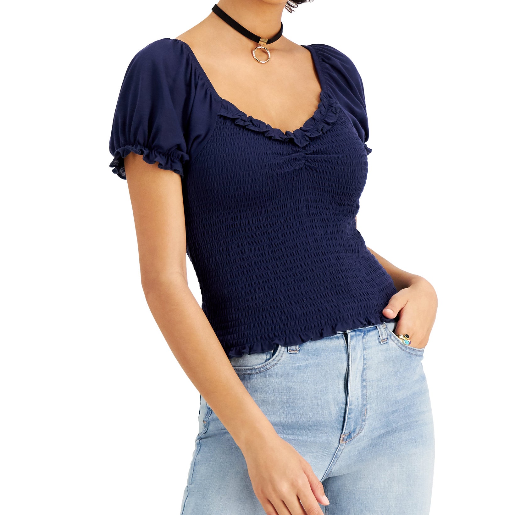 Crave Fame Women Smocked Puff Sleeve Top Navy
