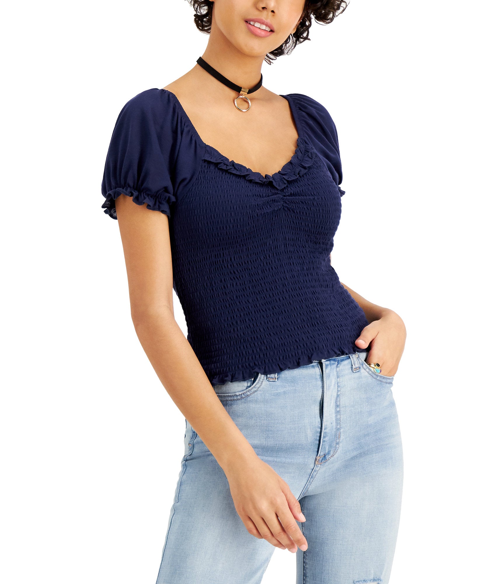 Crave Fame Women Smocked Puff Sleeve Top Navy