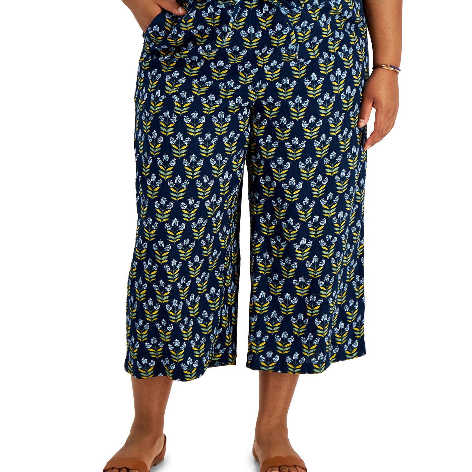 Style & Co Women Plus Plus Size Cropped Wide Leg Pants Woodblock Patch