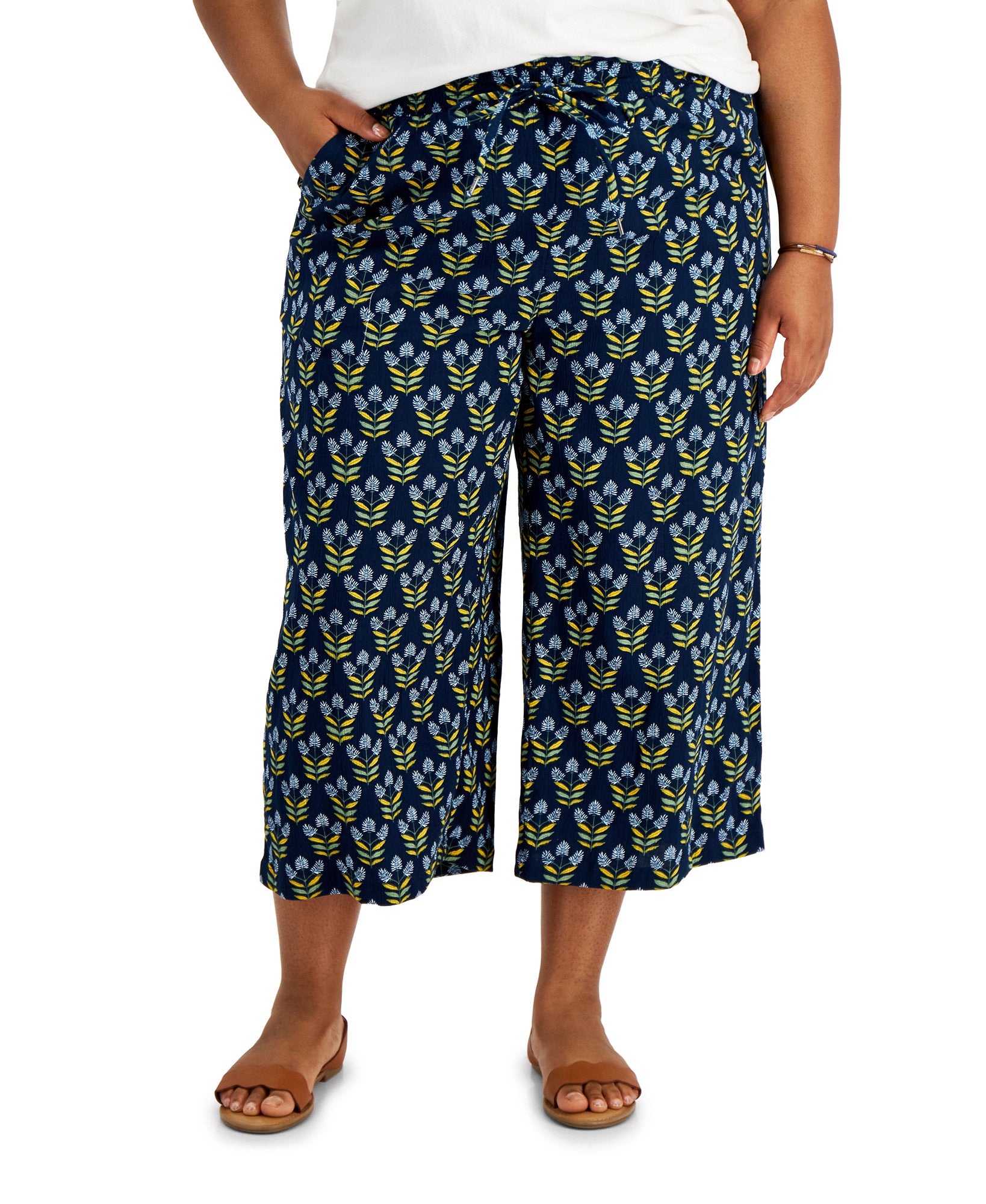 Style & Co Women Plus Plus Size Cropped Wide Leg Pants Woodblock Patch