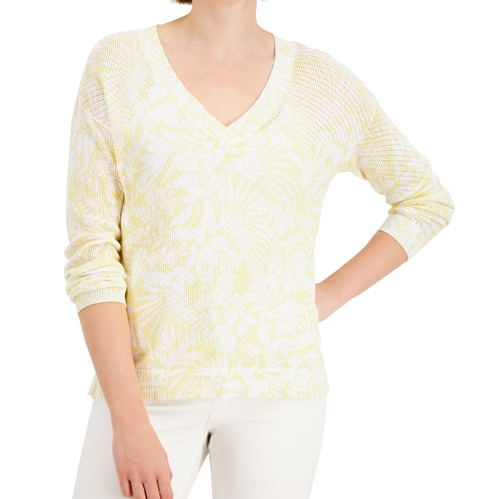 Charter Club Women Cotton Printed Open Knit Sweater Citron Aura
