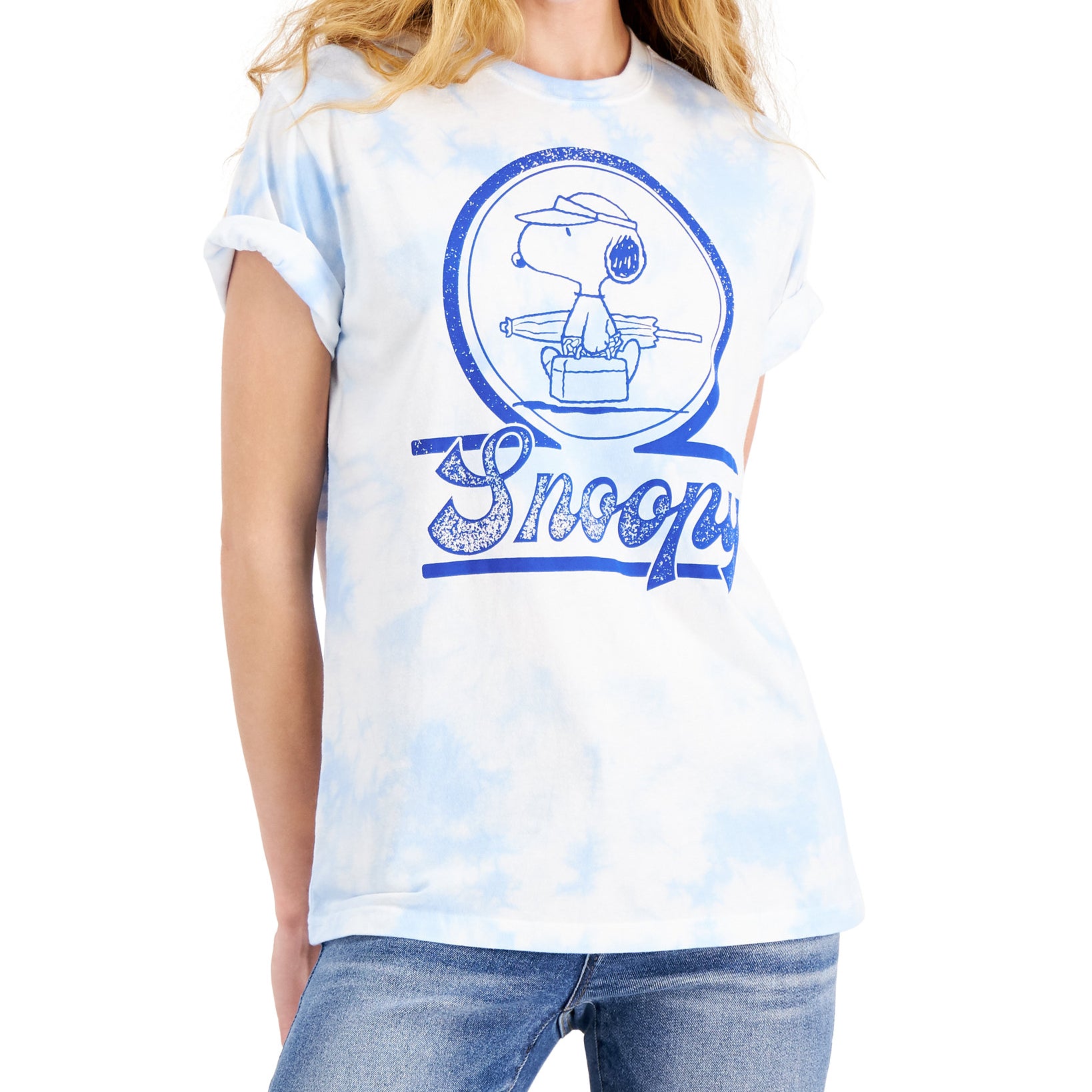 Mad Engine Women Snoopy Beach Day Graphic Print T Shirt Blue White Tie Dye