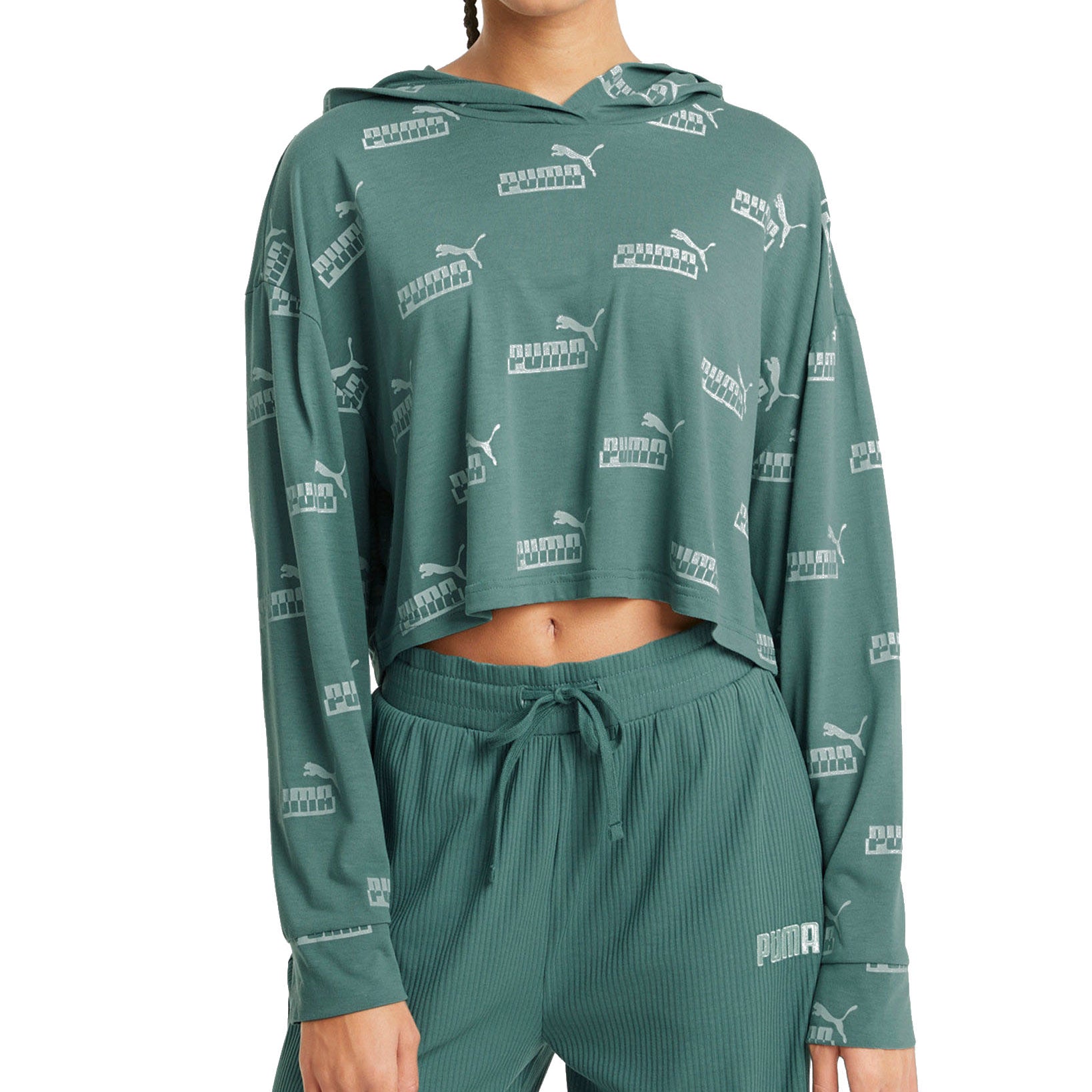 Puma Women Amplified Logo Print Cropped Hoodie Blue Spruce