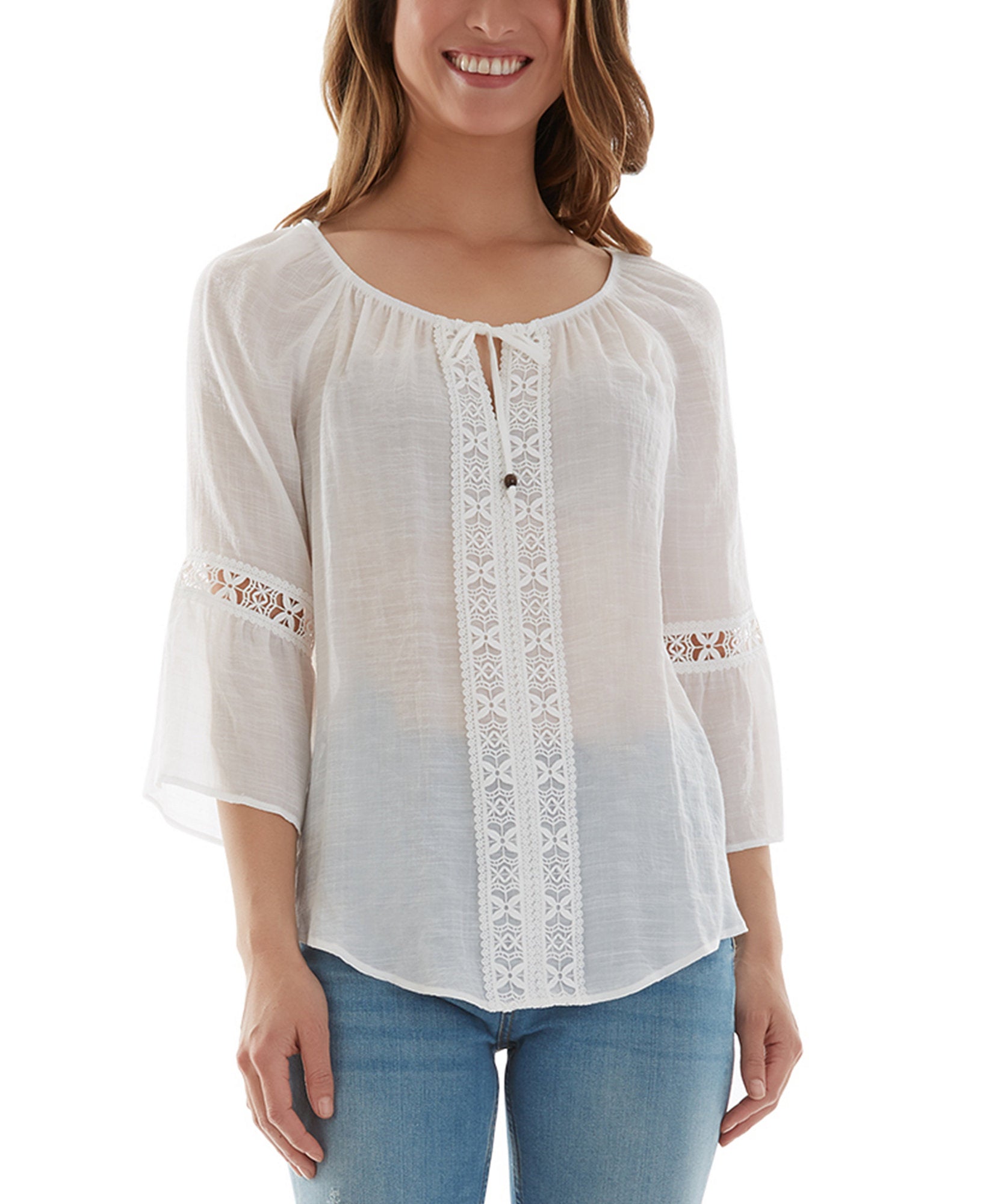BCX Women Crochet Trim Bell Sleeve Top Off white
