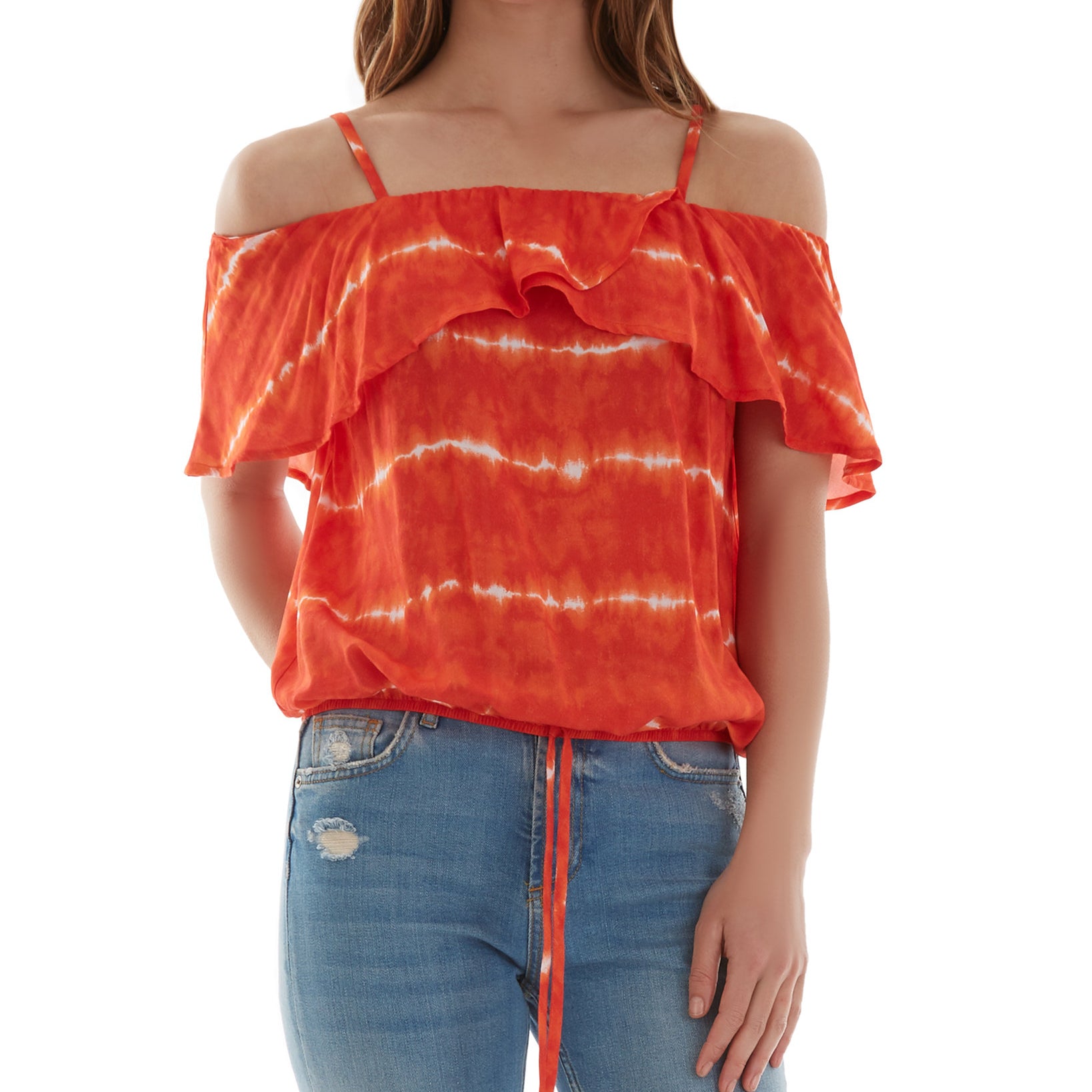 BCX Juniors Printed Off The Shoulder Ruffle Trim Top Orange Tye Dye