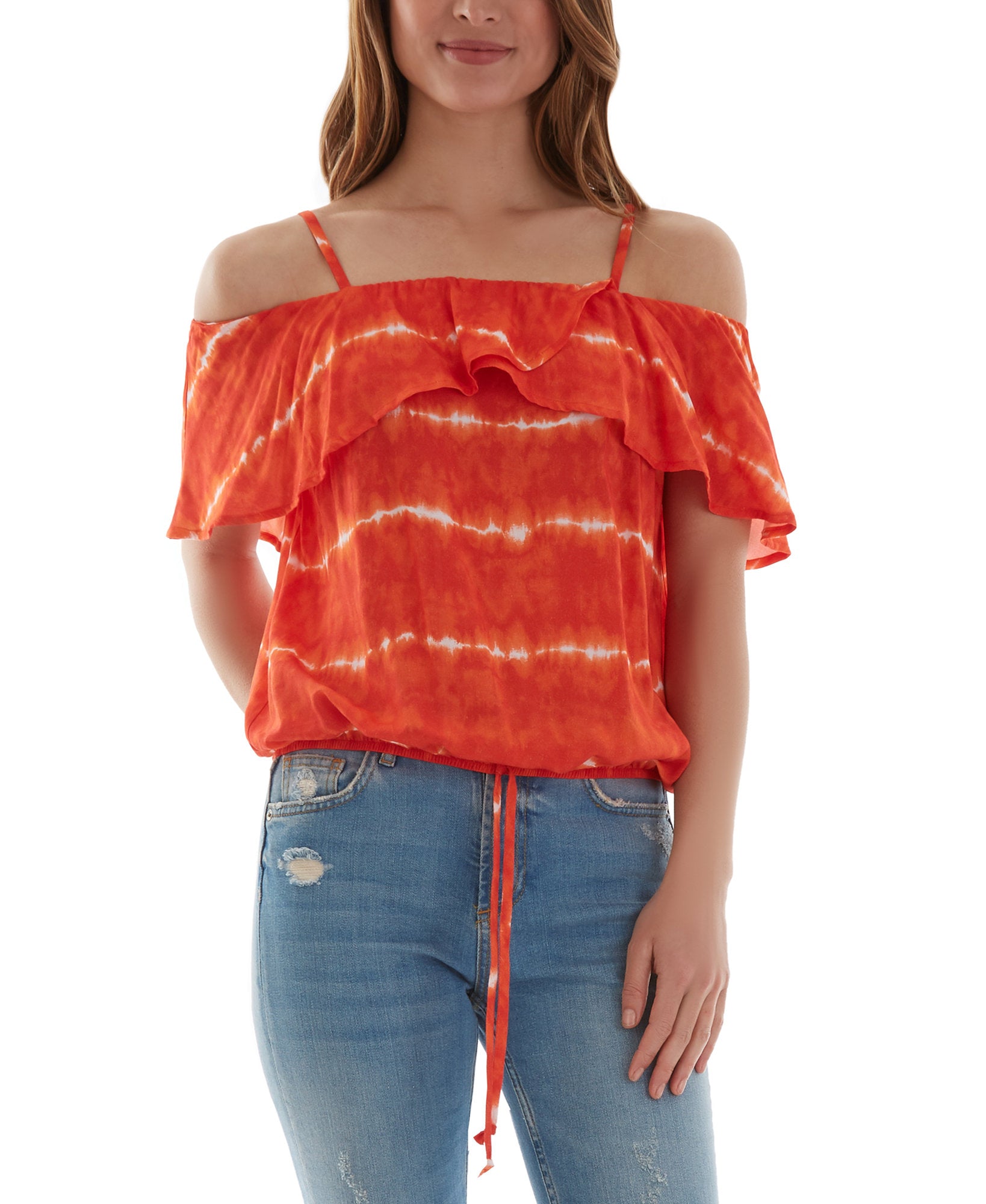 BCX Juniors Printed Off The Shoulder Ruffle Trim Top Orange Tye Dye