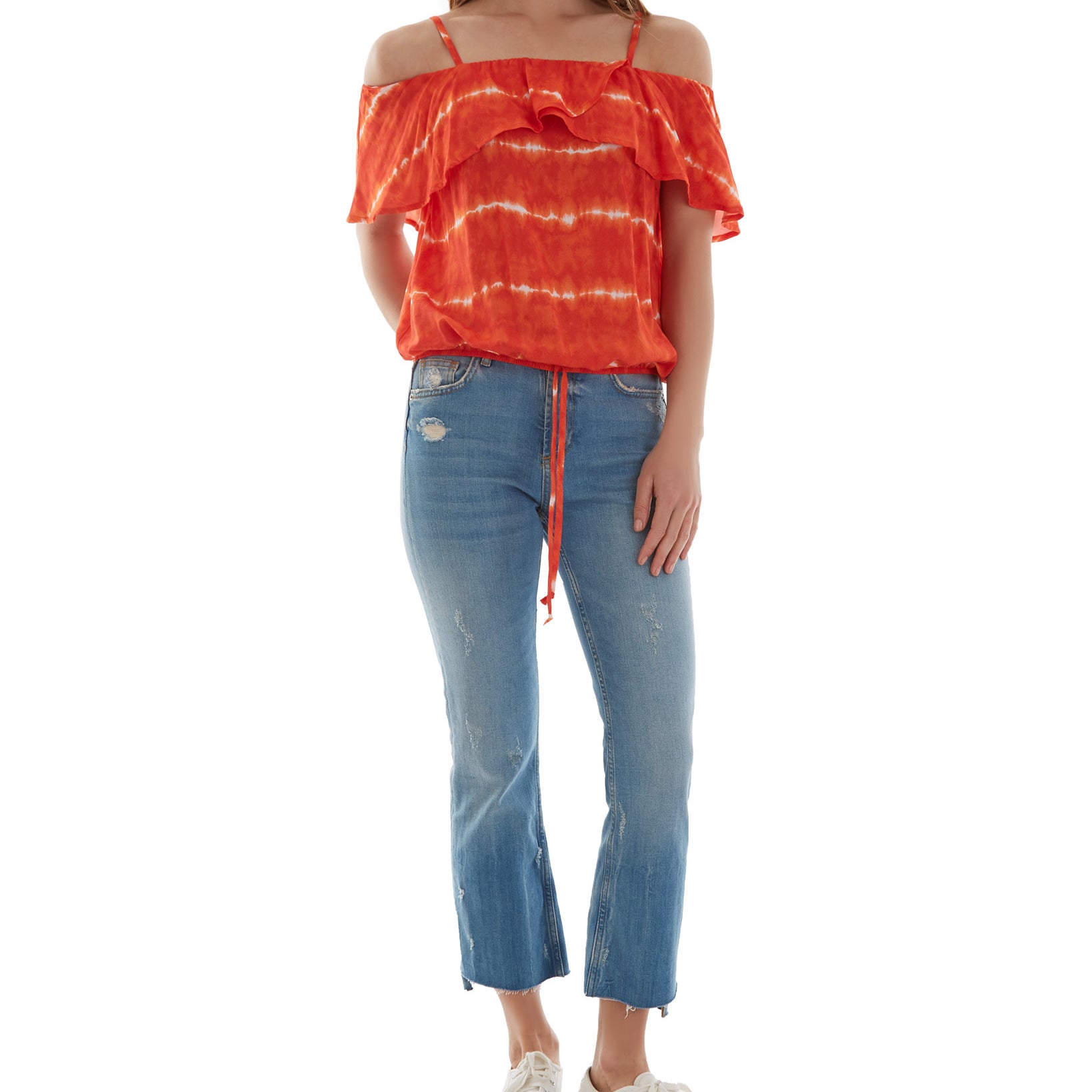 BCX Juniors Printed Off The Shoulder Ruffle Trim Top