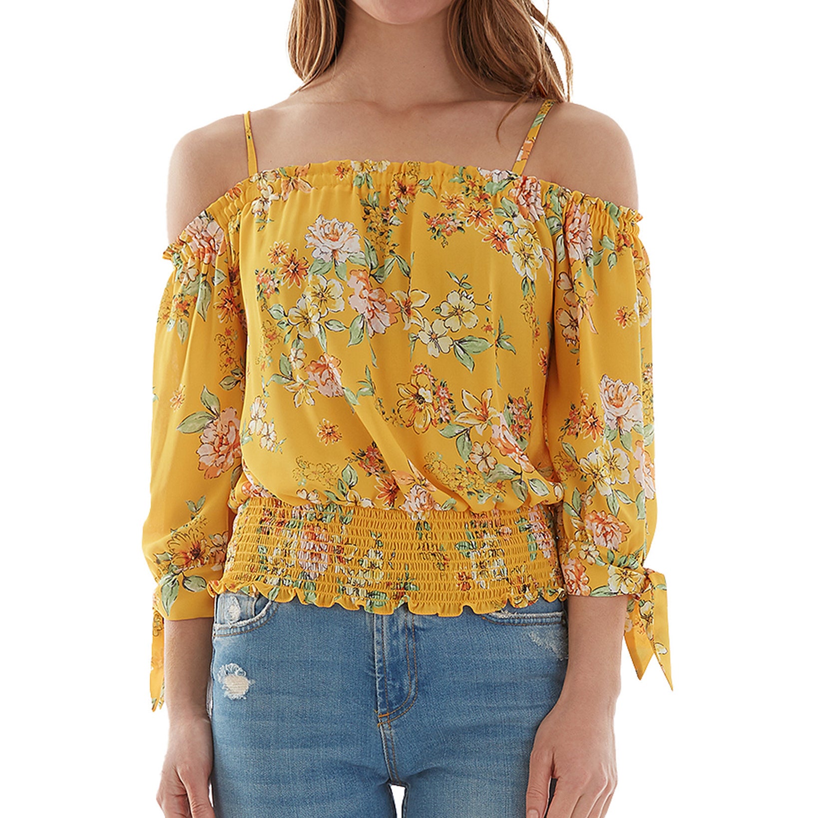 BCX Women Floral Print Off The Shoulder Tie Sleeve Smocked Hem Top Mango Floral