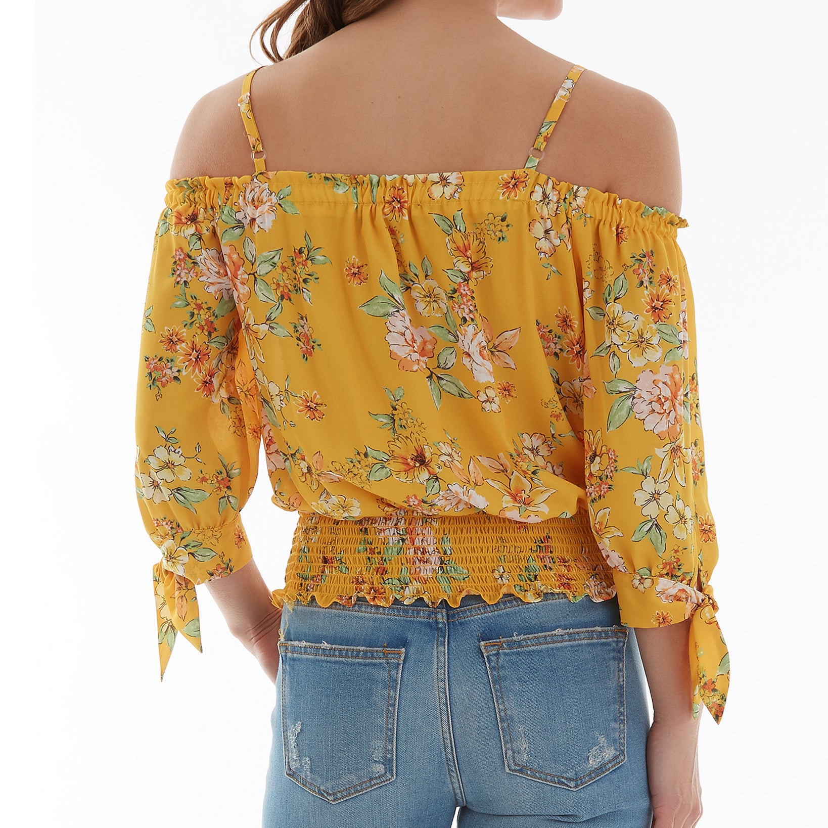 BCX Women Floral Print Off The Shoulder Tie Sleeve Smocked Hem Top