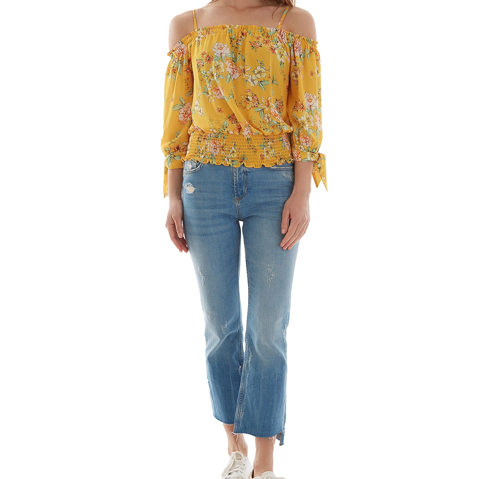 BCX Women Floral Print Off The Shoulder Tie Sleeve Smocked Hem Top