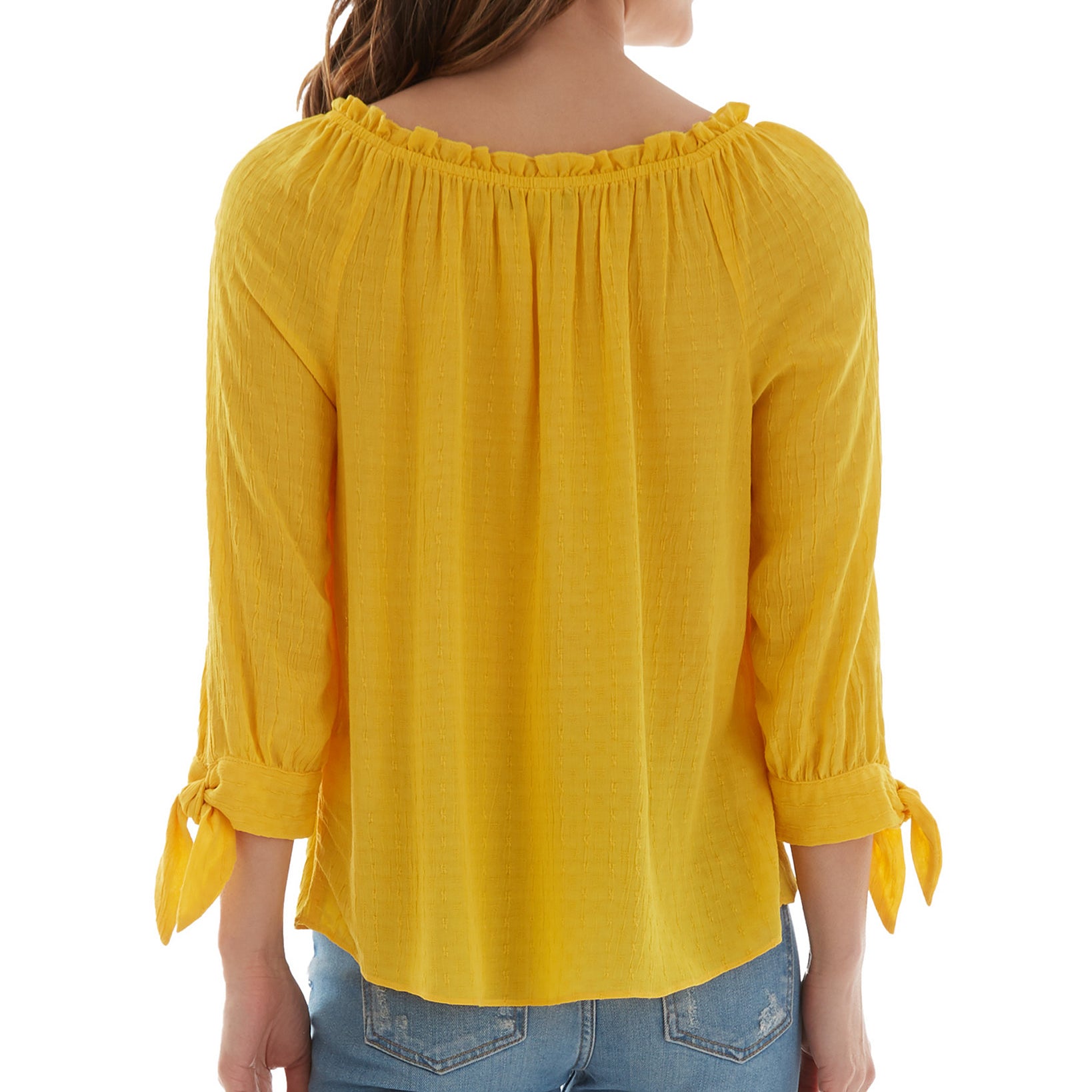 BCX Women Ruffled Neck Tie Cuff Textured Top
