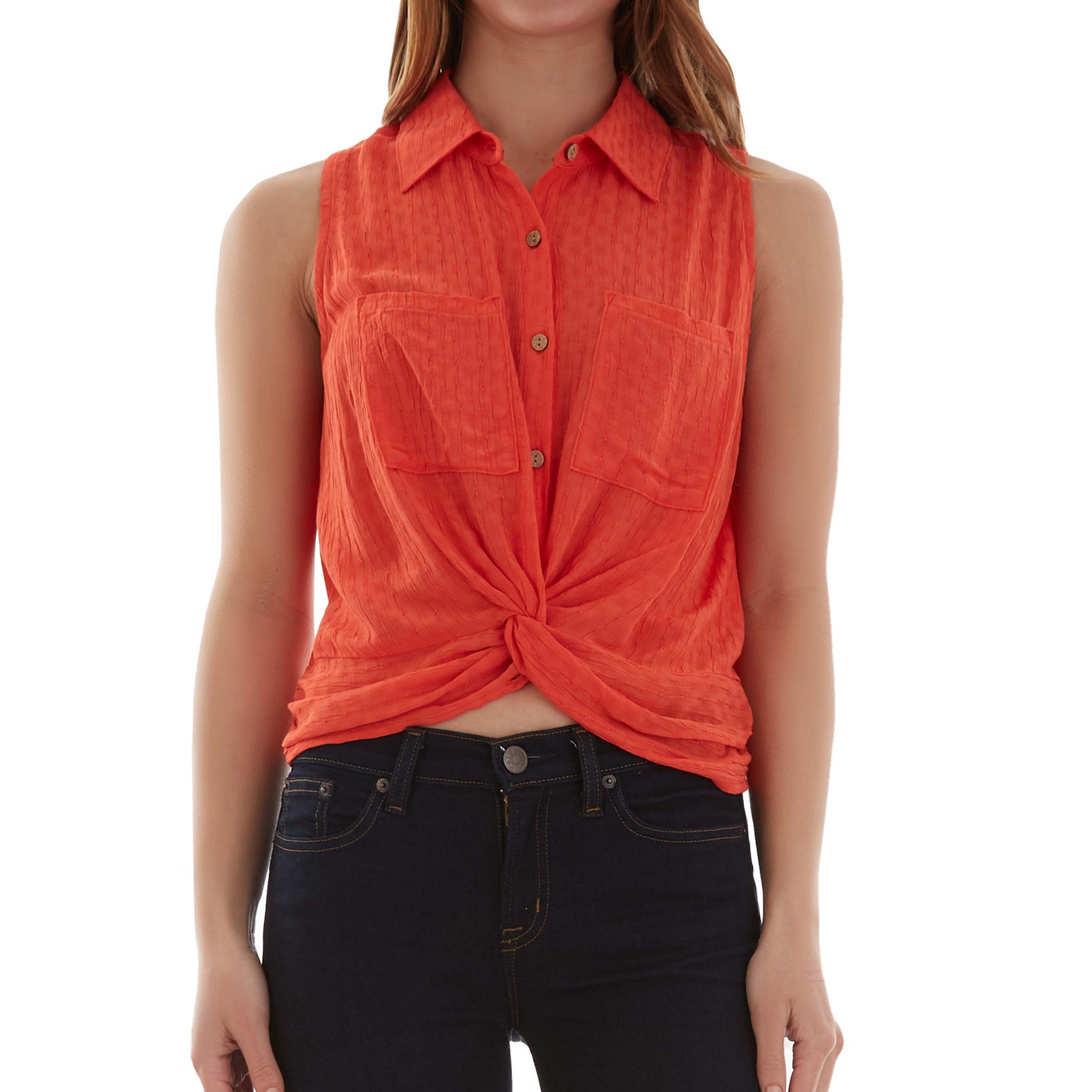 BCX Women Button Down Twist Front Textured Top Orange