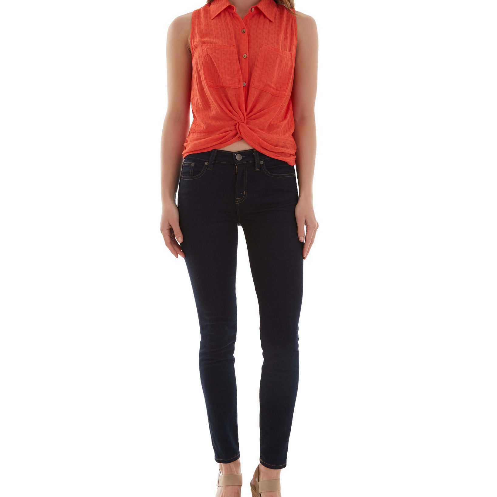 BCX Women Button Down Twist Front Textured Top