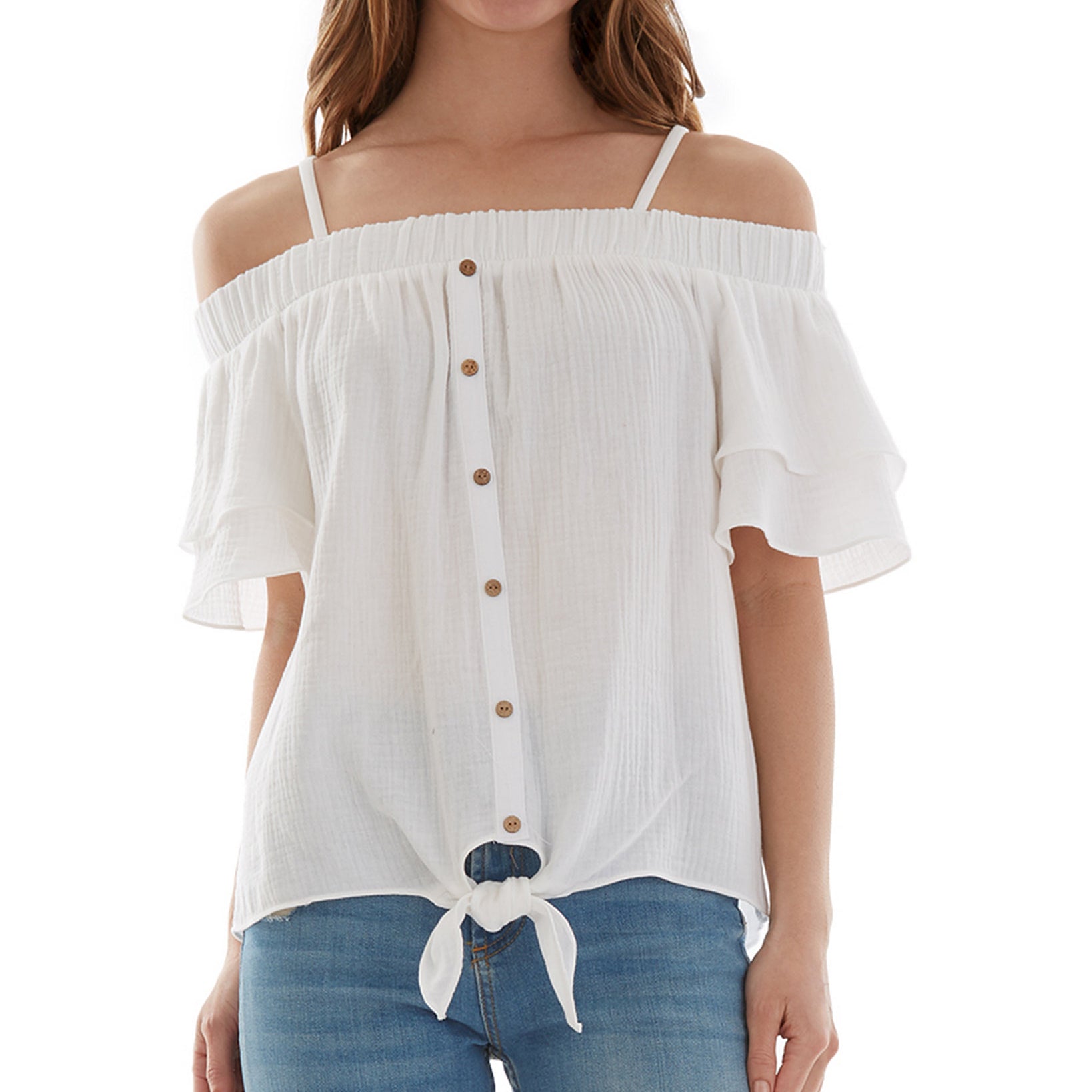 BCX Women Cotton Off The Shoulder Ruffle Sleeve Top Off White