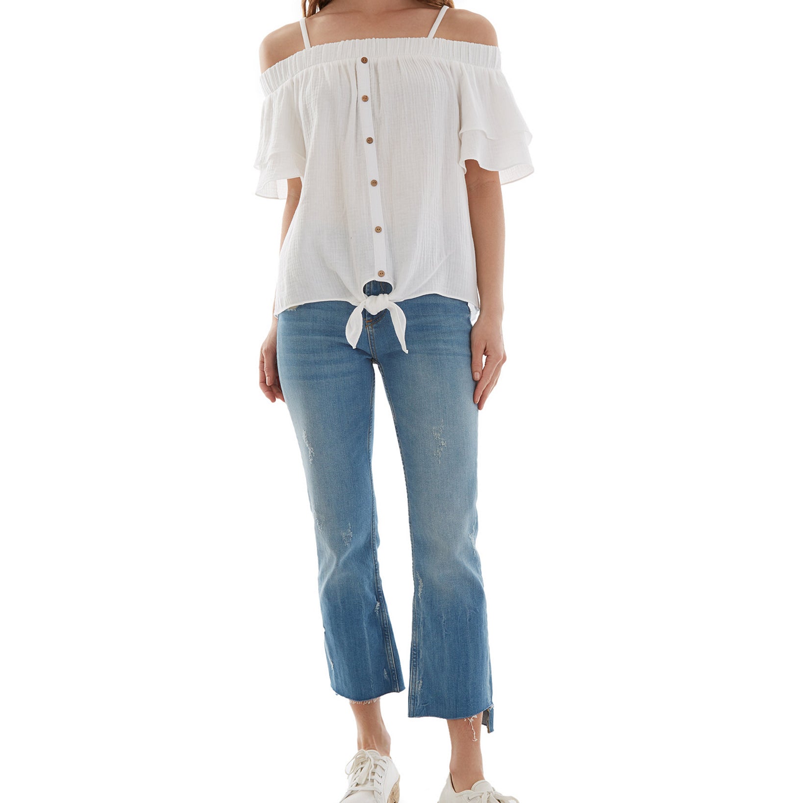 BCX Women Cotton Off The Shoulder Ruffle Sleeve Top