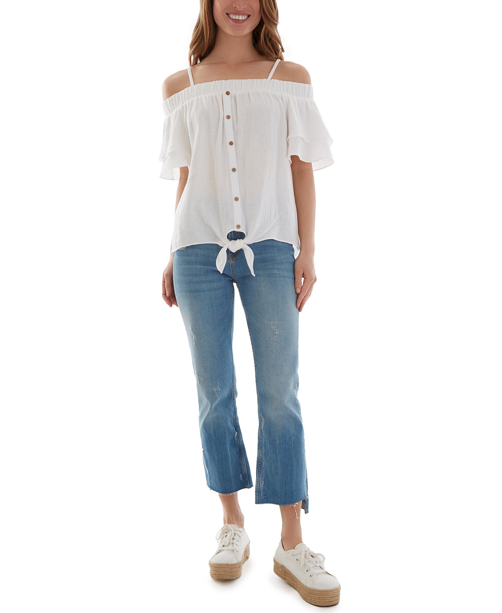 BCX Women Cotton Off The Shoulder Ruffle Sleeve Top