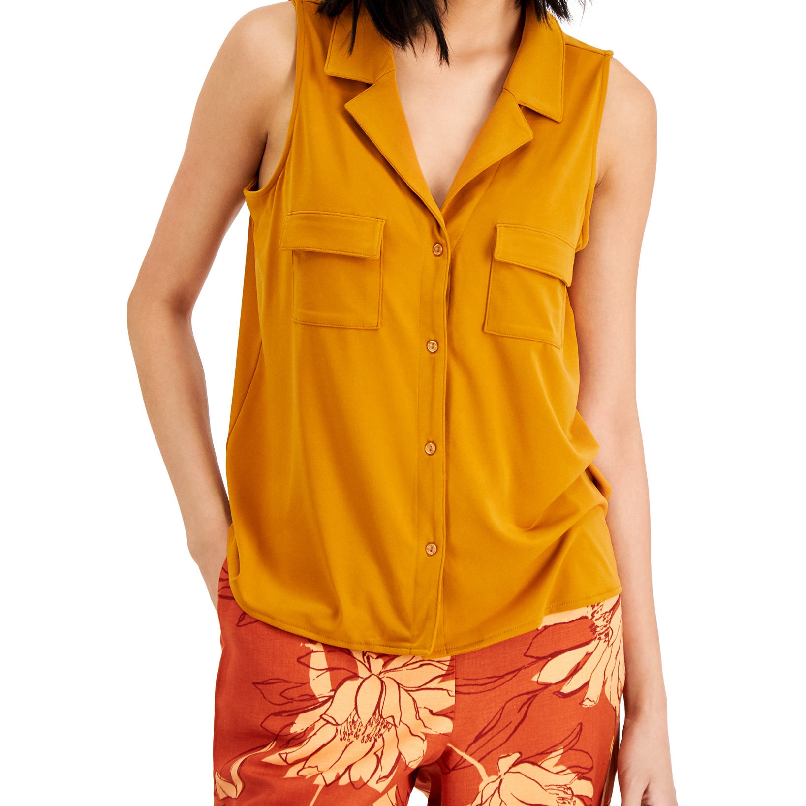 Alfani Women Solid Button Down Collared V Neck Knit Top Sunset Lily
