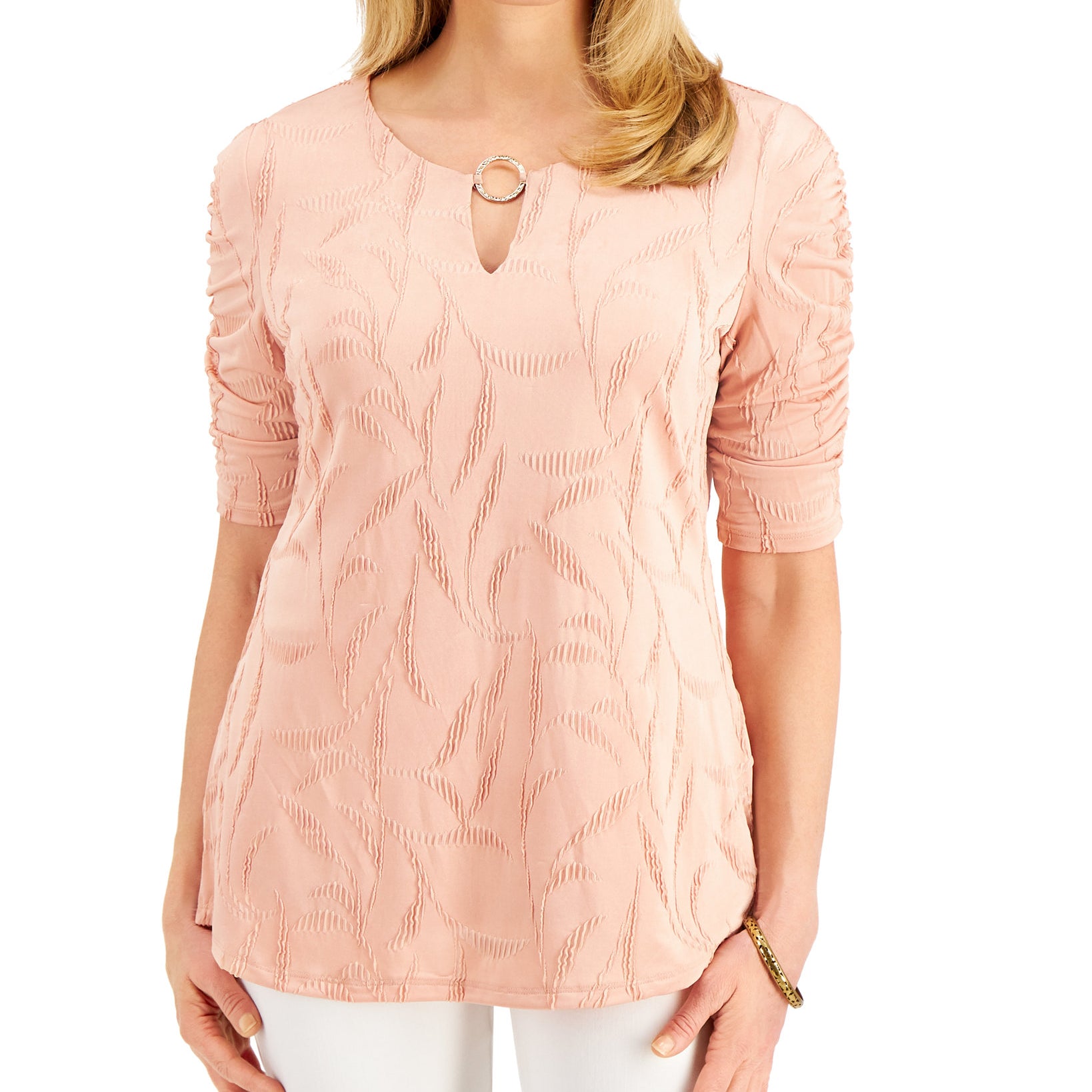 JM Collection Women Ruched Sleeve Ring Top Pink Sunstone